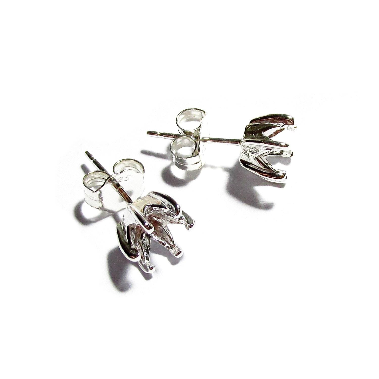 925 Sterling Silver Round blank earrings with 6-Prong Setting size 5, 6, 8mm, Earring Post, Jewelry making, Setting - 1 pair (2 piece)