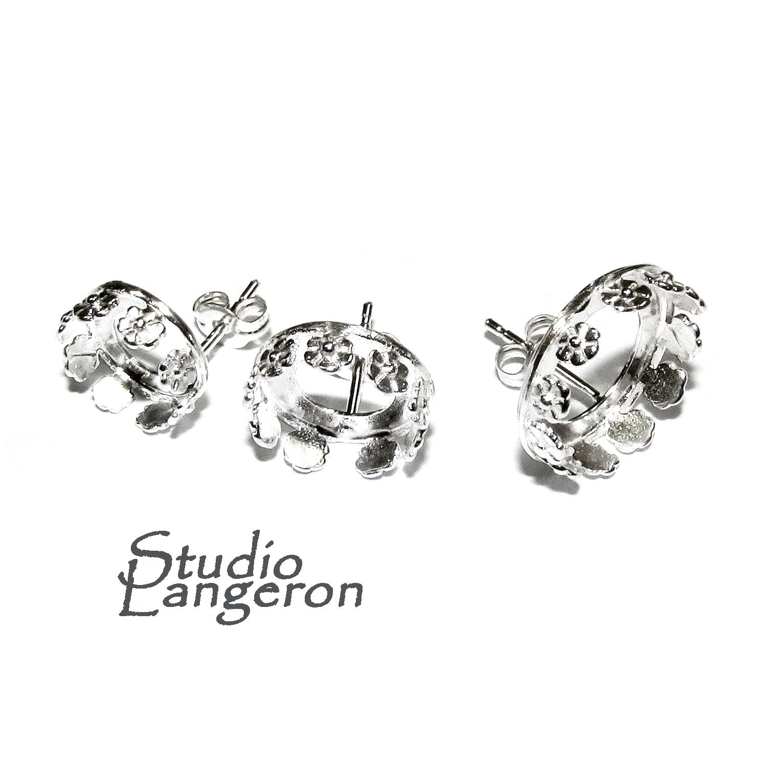925 Sterling Silver Blank earrings size 8, 10, 12 mm, Bezel cup, Post Earring Mountings, Base earrings, Jewelry making - 1 pair (2 pieces)