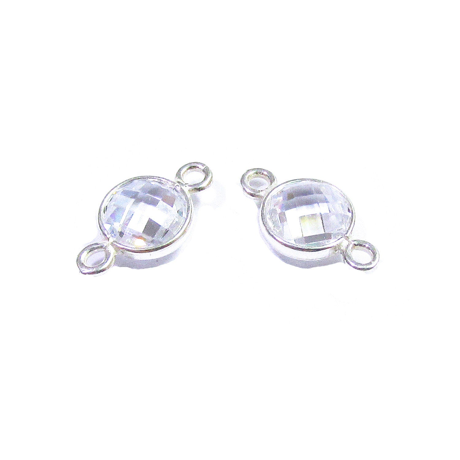 925 Sterling Silver Checkerboard white topaz Round Link Connector size 15x9 mm, white topaz link connector, Jewelry making - 1 piece