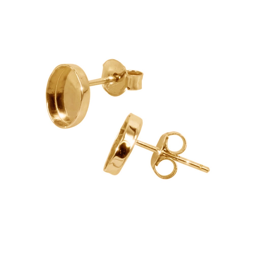14K solid gold Earrings Post With oval bezel cups size 6x8 - 10x14mm, Earrings mounting, blank earrings , jewelry making - 1 pair (2 piece)