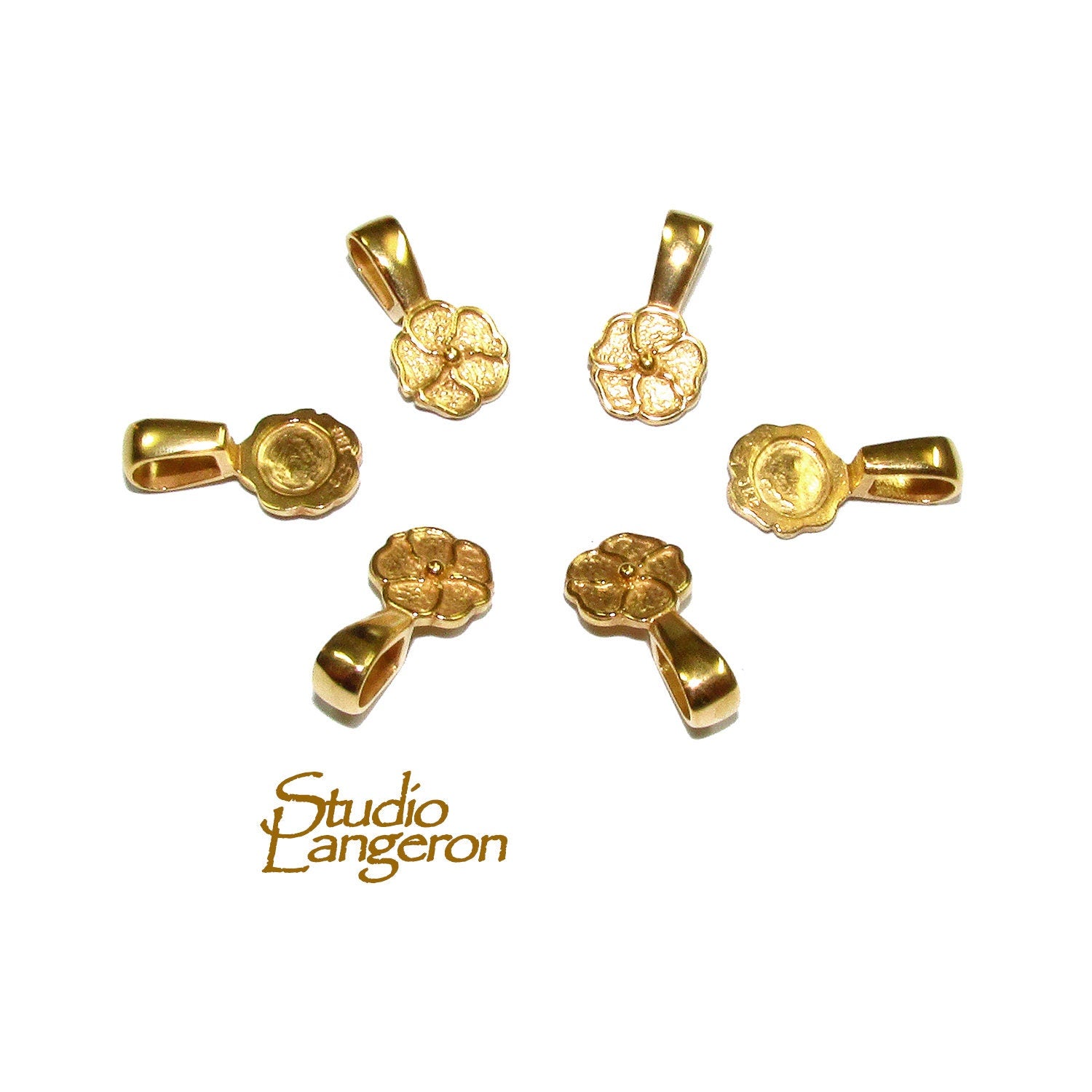 14K Yellow gold filled flower round Glue-on Pendant Bails - 1 piece