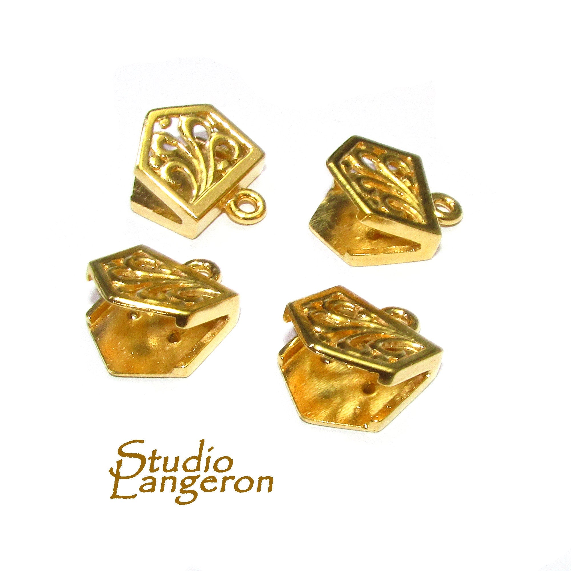 14K Gold Filled decorative Flat Pinch End Caps size 12x11 mm, Flat end caps, Jewelry making, End caps gold filled - 1 pair (2 piece)