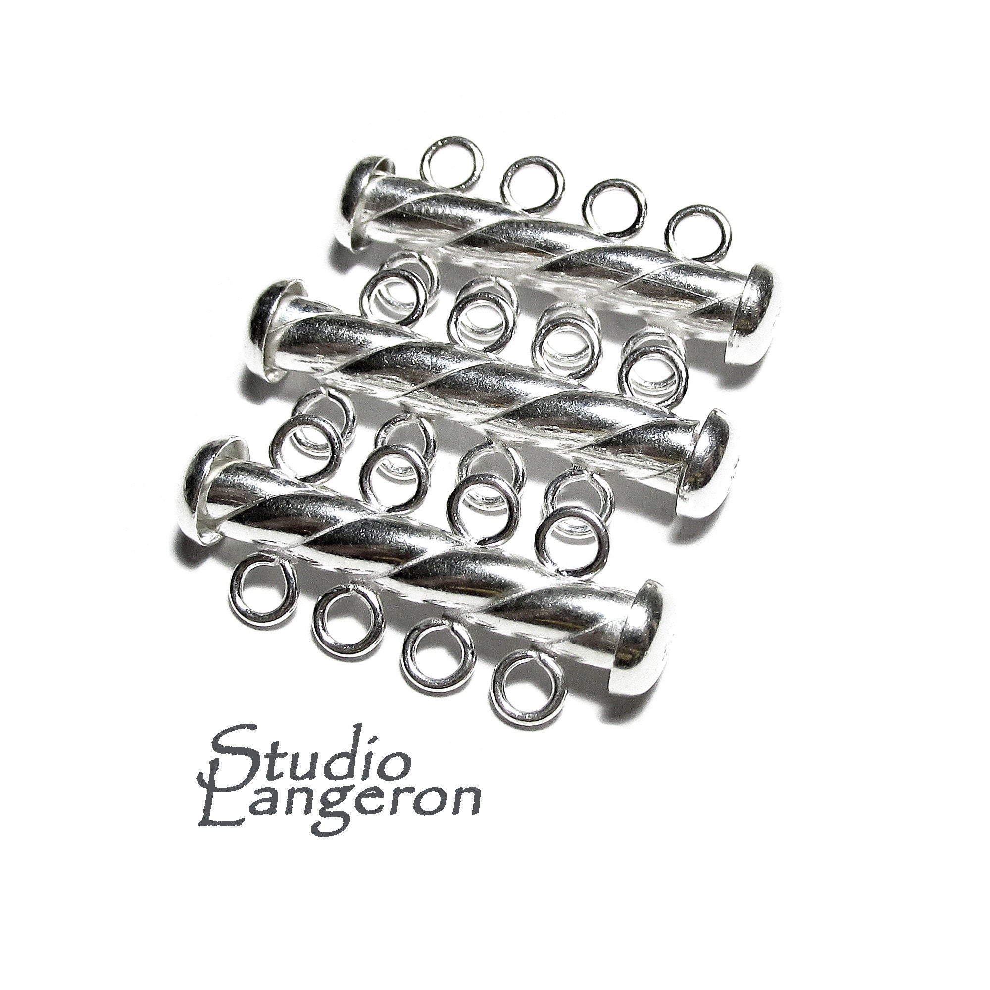 925 Sterling Silver Twisted Tube Bar Clasp 4-Hole size 4.3x26 mm, Silver Clasps, Slide Clasps, Sterling silver, Jewelry making - 1 piece