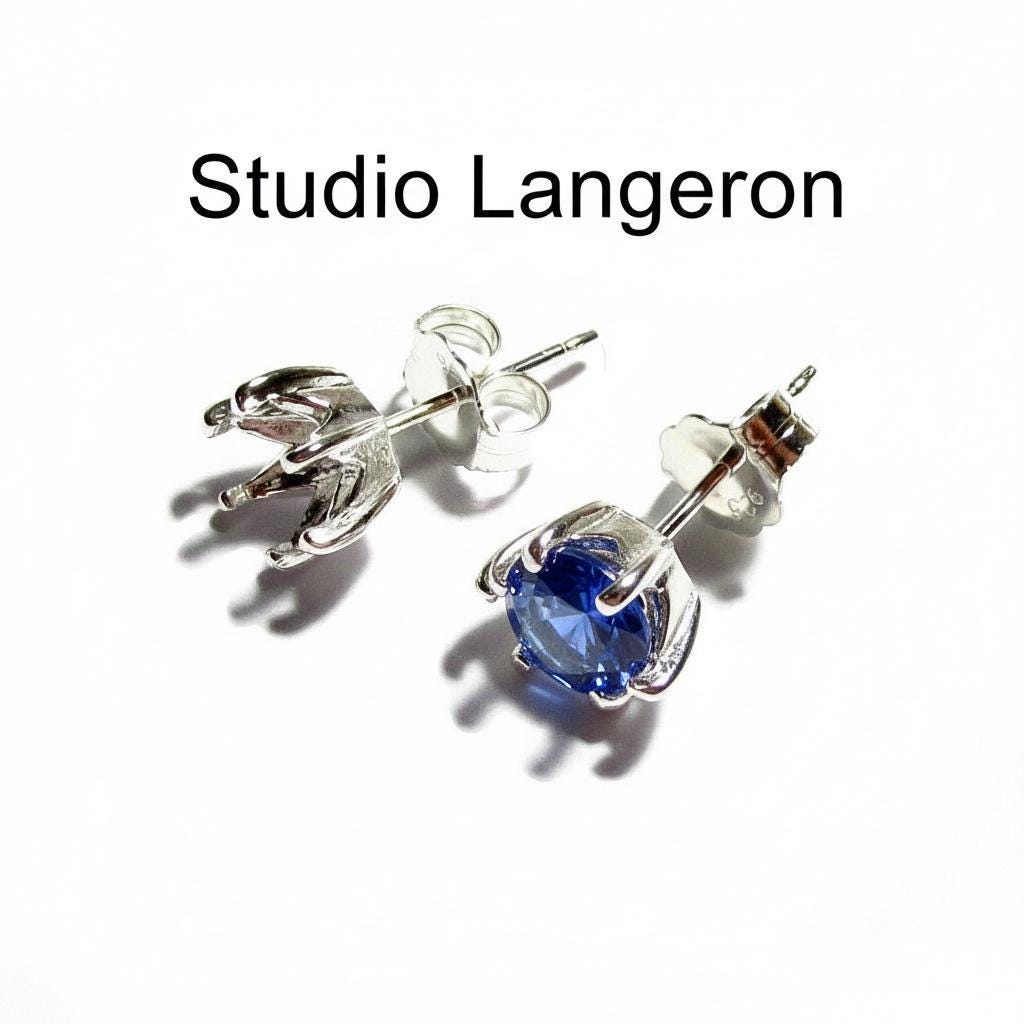 925 Sterling Silver Round blank earrings with 6-Prong Setting size 5, 6, 8mm, Earring Post, Jewelry making, Setting - 1 pair (2 piece)