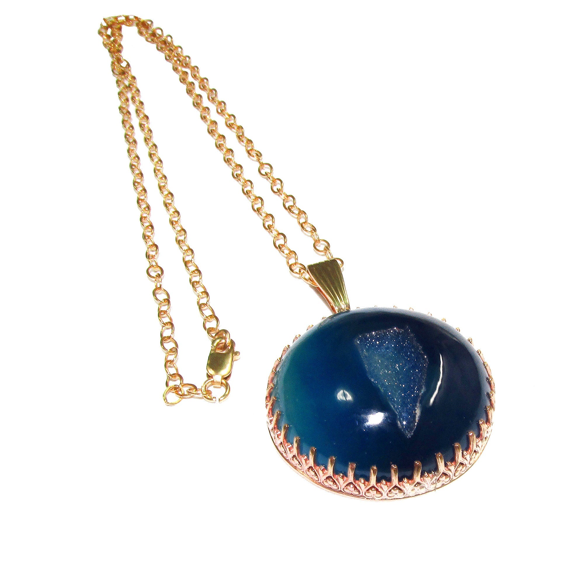 Druze agate blue pendant 14K Yellow gold filled size 3.0 cm, Handmade pendant, single copy, Natural Agate blue, Handmade pendant gold filled