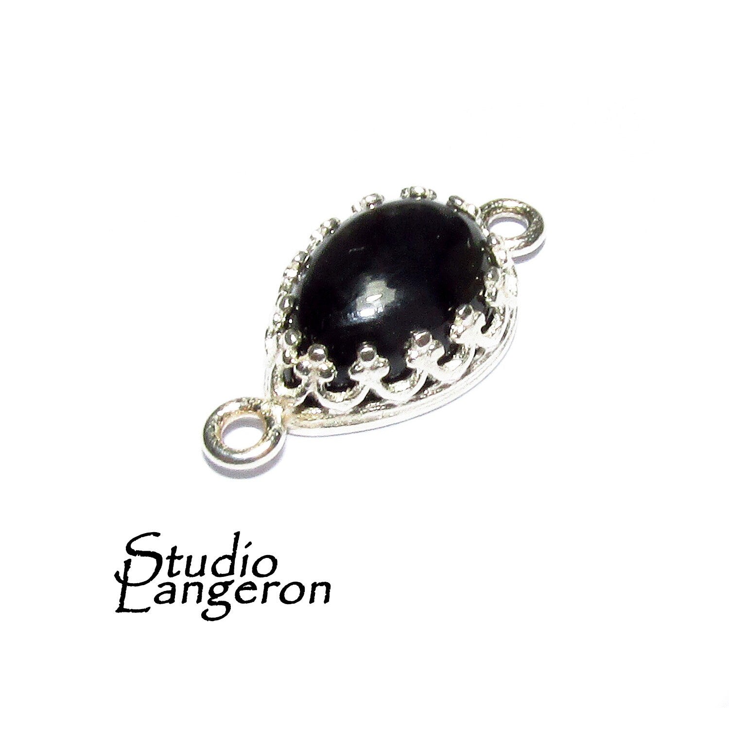 925 Sterling Silver natural Black onyx pear Connector size 18x8.5 mm, Natural Black onyx silver link, Jewelry making, Connector - 1 piece