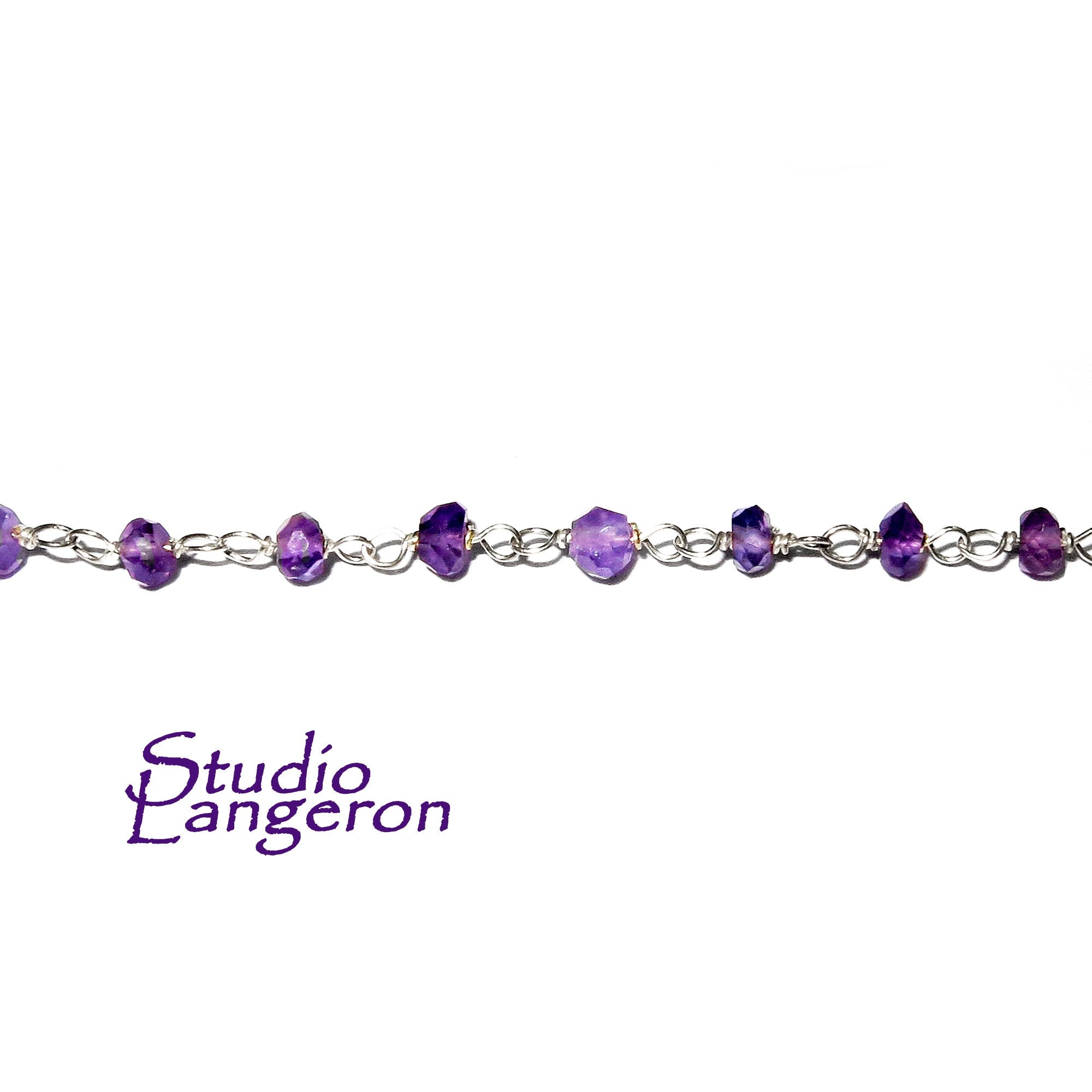 925 Sterling Silver Chain with amethysts, silver shiny chain, Jewelry making, Natural amethyst, Chain with amethysts - 1 Ft (30 cm)