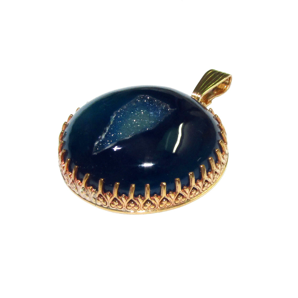 Druze agate blue pendant 14K Yellow gold filled size 3.0 cm, Handmade pendant, single copy, Natural Agate blue, Handmade pendant gold filled