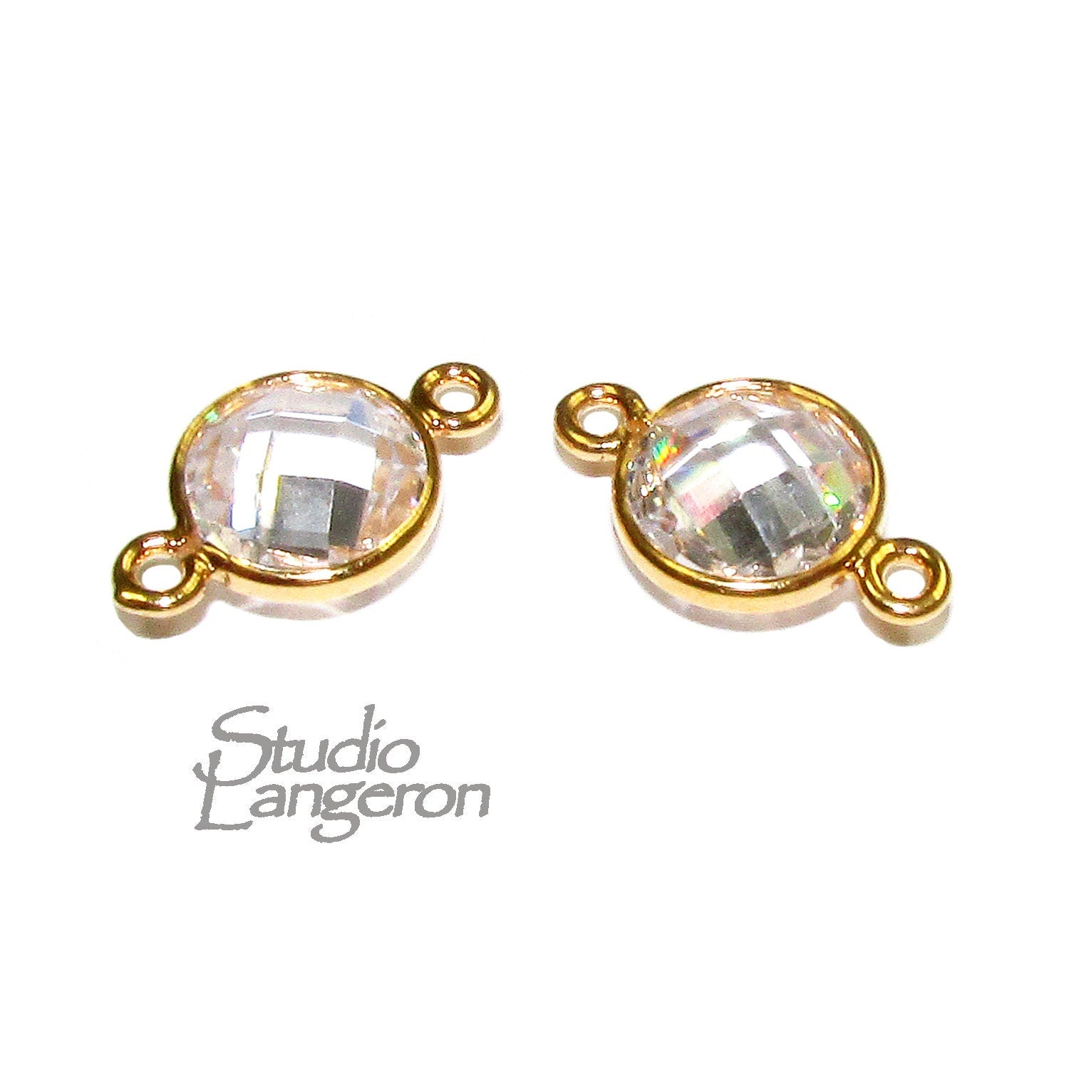 14K Gold Filled Checkerboard White topaz Round Link Connector size 12x7 mm, Gold filled link, Link connector, Jewelry making - 1 piece