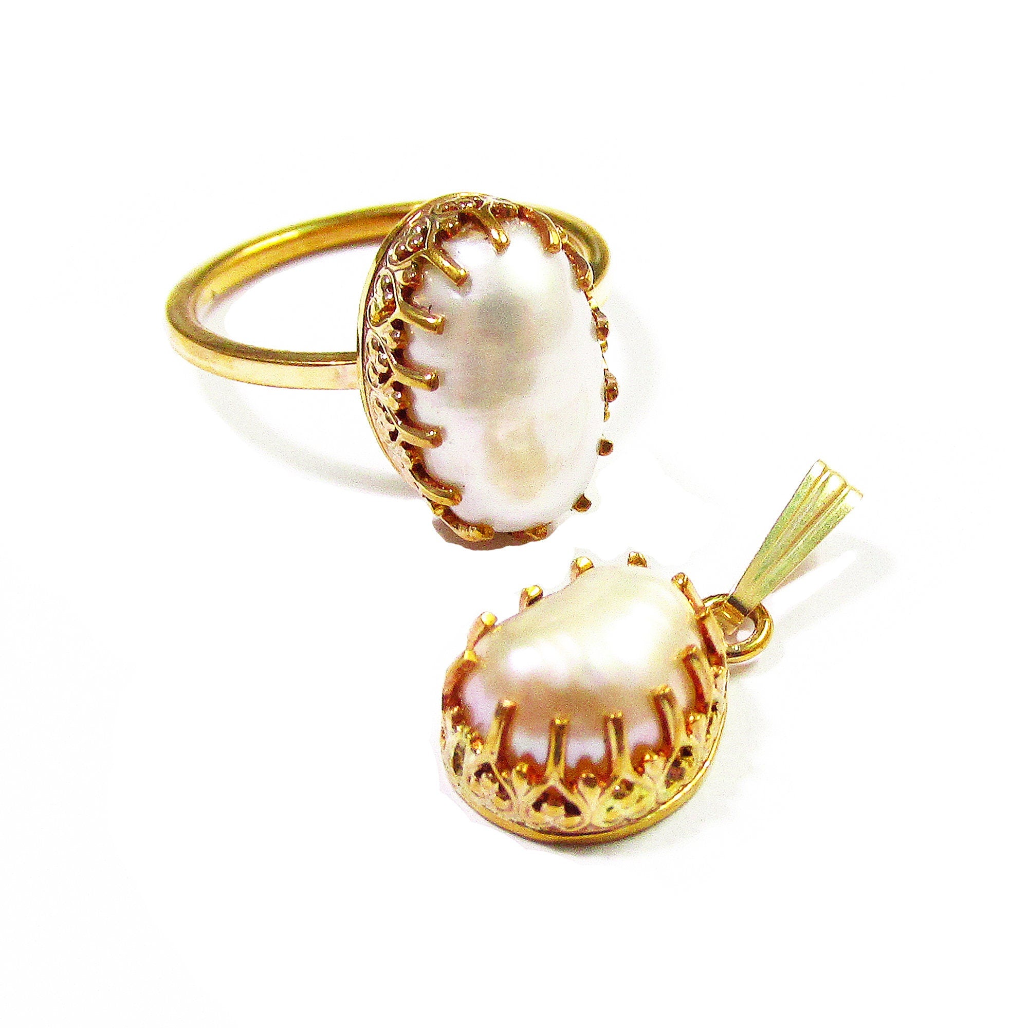 14K Gold Filled handmade set ring size 7 and pendant with baroque pearls, Gold filled ring, single copy, baroque pearls, gold filled ring