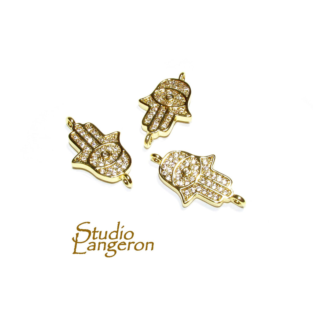 14K Gold filled connector hamsa with crystals size 16x12 mm, gold filled link, Jewelry making, Jewelry link connector hamsa - 1 piece
