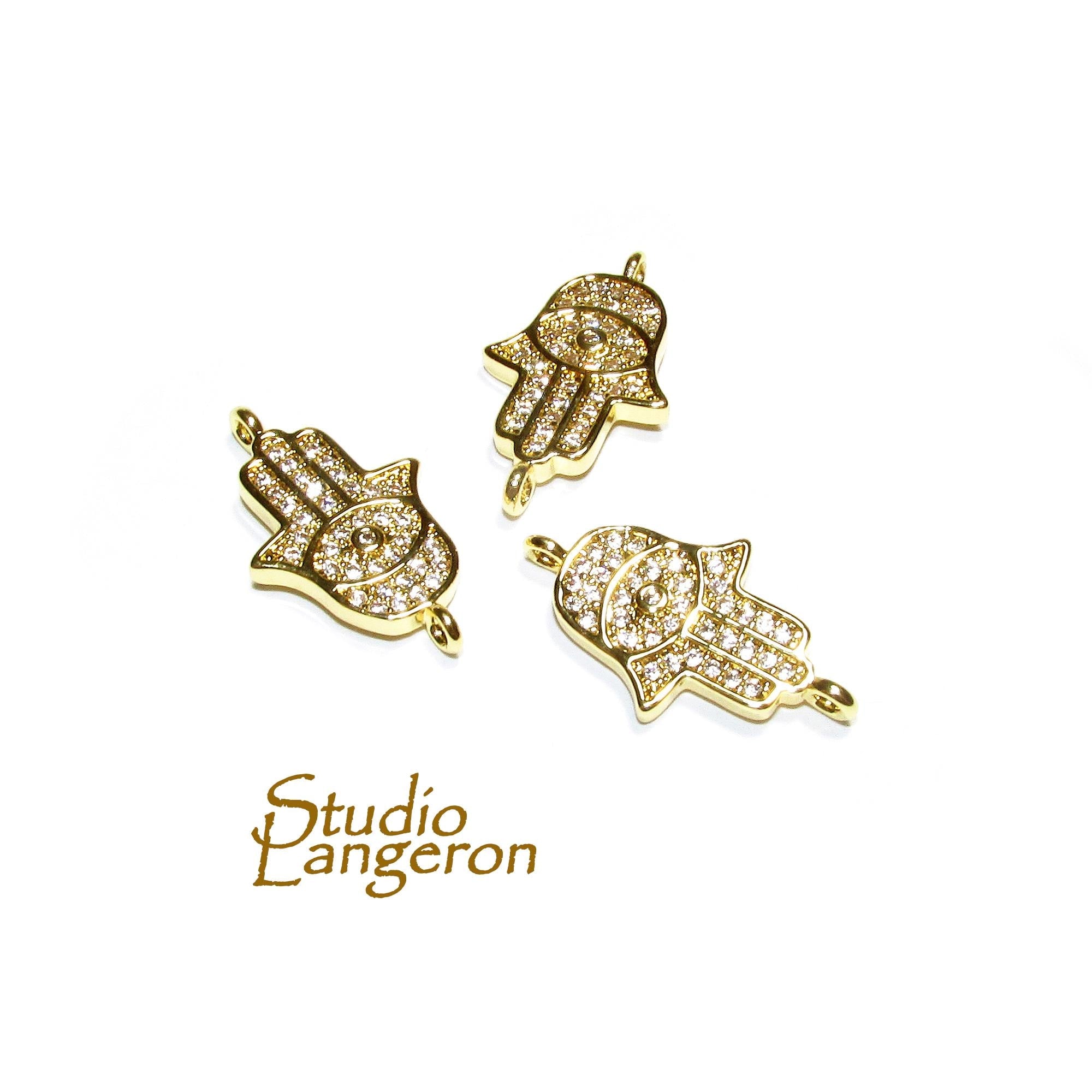 14K Gold filled connector hamsa with crystals size 16x12 mm, gold filled link, Jewelry making, Jewelry link connector hamsa - 1 piece