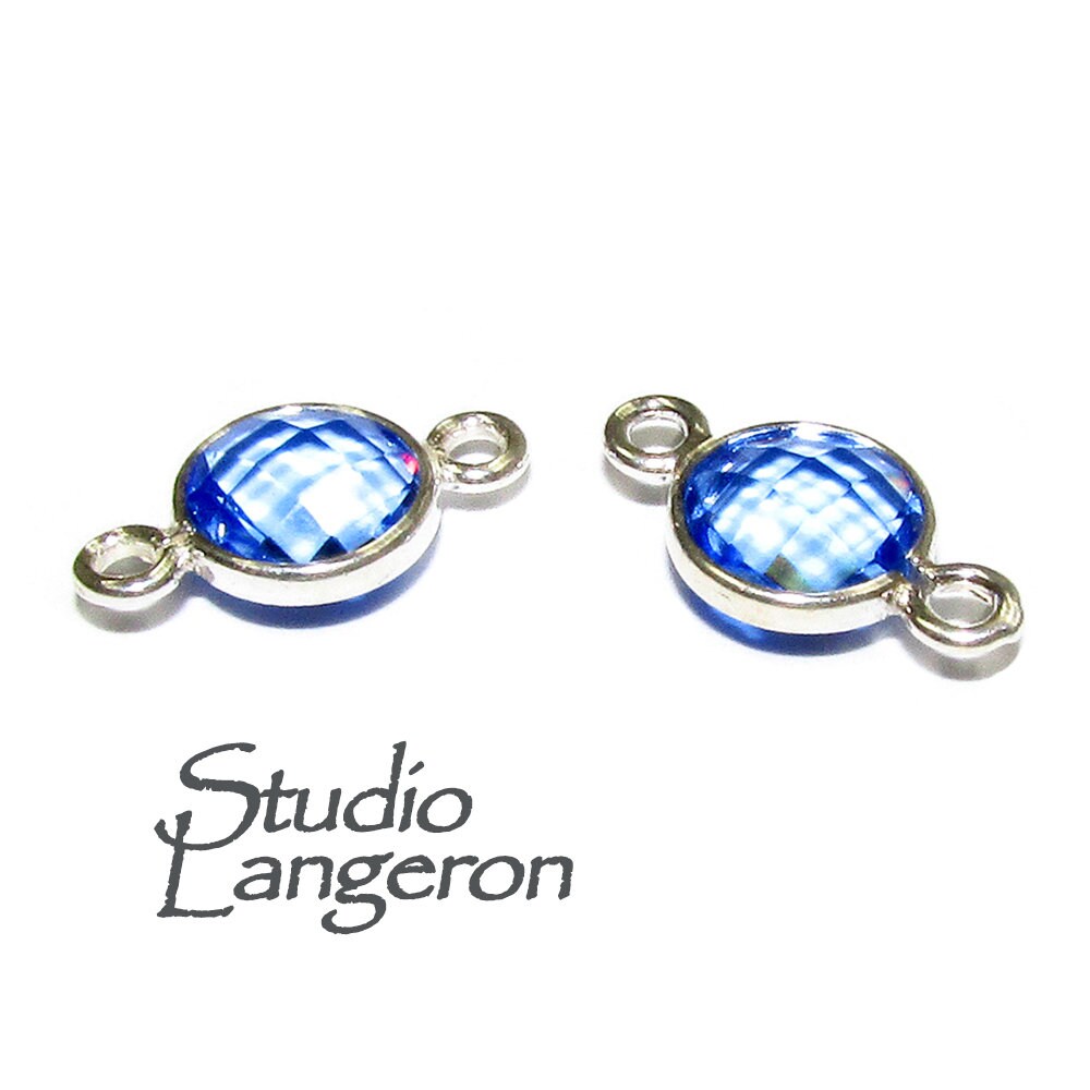 925 Sterling Silver Checkerboard Blue topaz Round Link Connector size 12x7 mm, Blue topaz silver link, Jewelry making, Connector - 1 piece