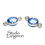 925 Sterling Silver Checkerboard Blue topaz Round Link Connector size 12x7 mm, Blue topaz silver link, Jewelry making, Connector - 1 piece