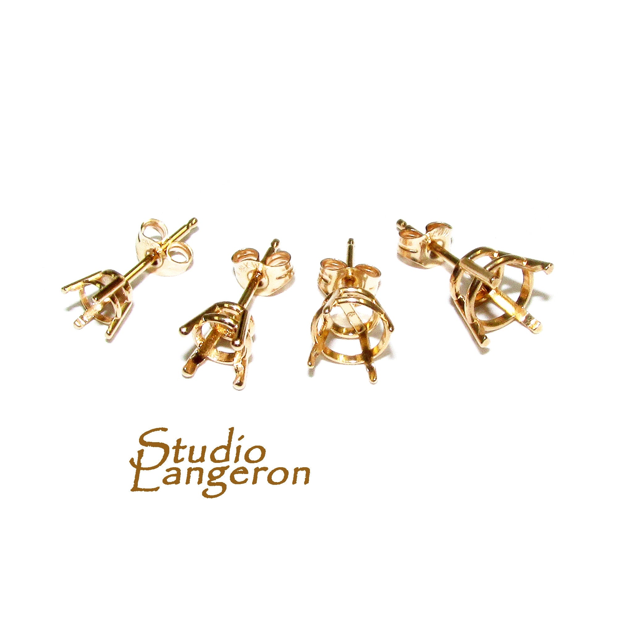 14K Yellow Gold blank earrings with 4-Prong Settings size 3, 3.5, 4, 4.5, 5, 6, 6.5 mm, Jewelry making, Base earrings - 1 pair (2 pieces)