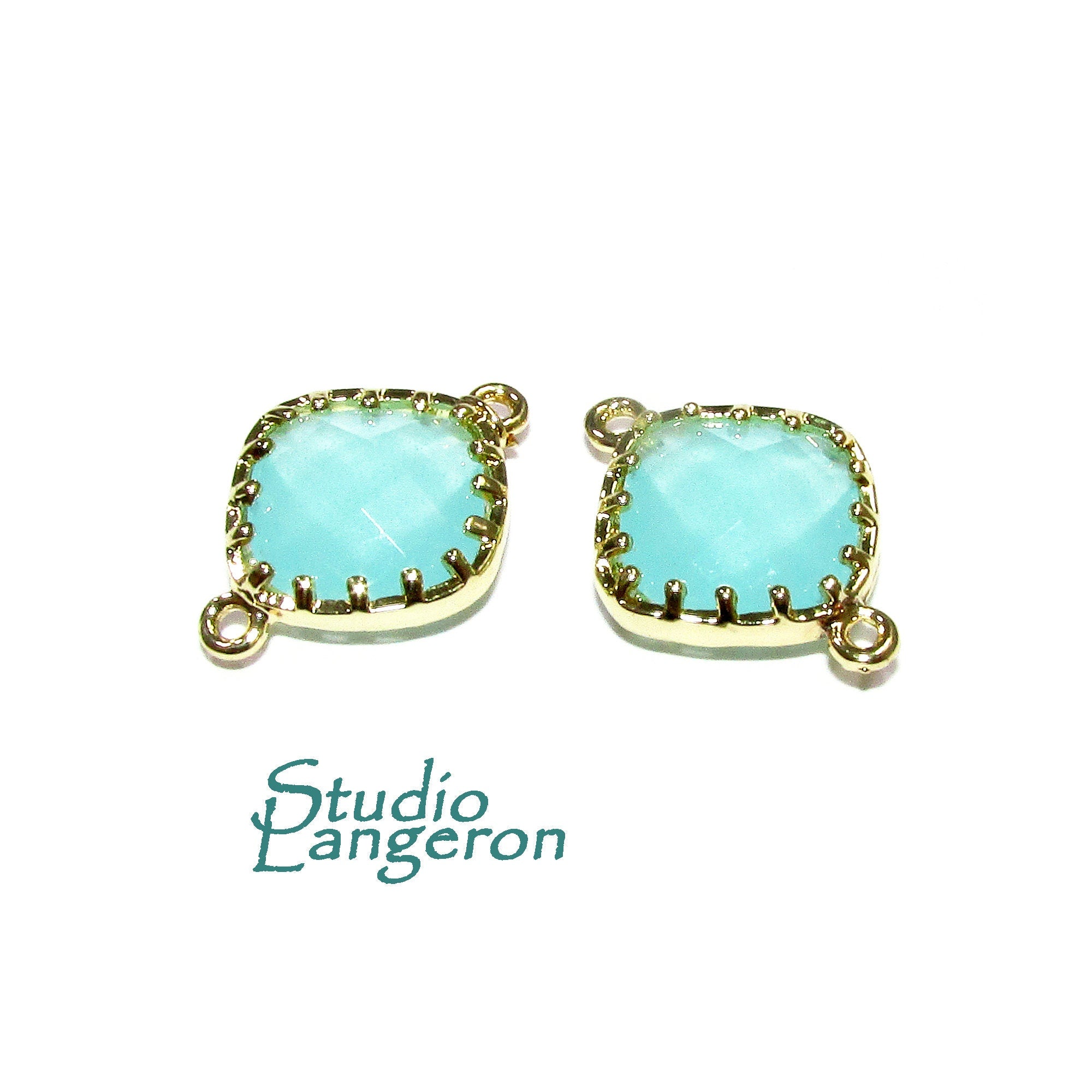 14K Gold Filled Checkerboard aqua chalcedony cushion Link Connector size 13x18 mm, gold filled link, Jewelry making, Connector - 1 piece
