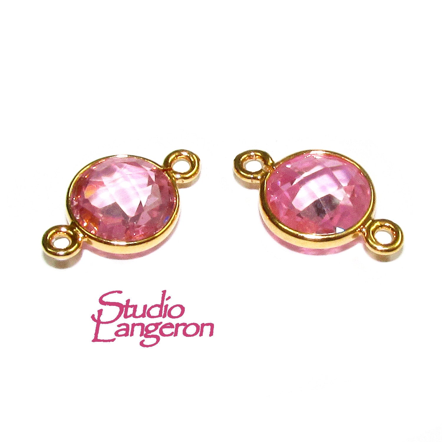 14K Gold Filled Checkerboard Pink Topaz Round Link Connector size 15x9 mm, Pink Topaz, gold filled, Link connector, Jewelry making - 1 piece