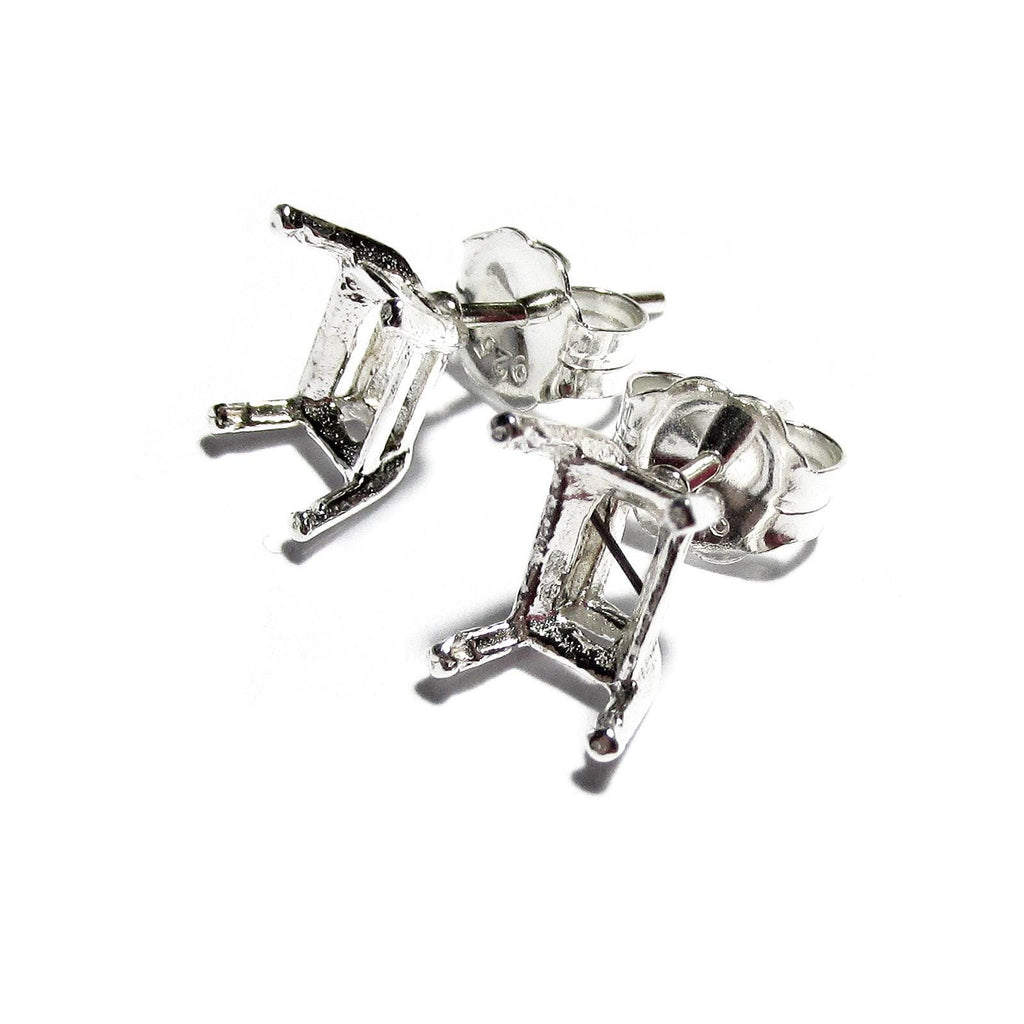 925 Sterling Silver Emerald-Cut blank earrings with 4-Prong Setting, rectangular setting, Jewelry making, blank earrings - 1 pair (2 piece)