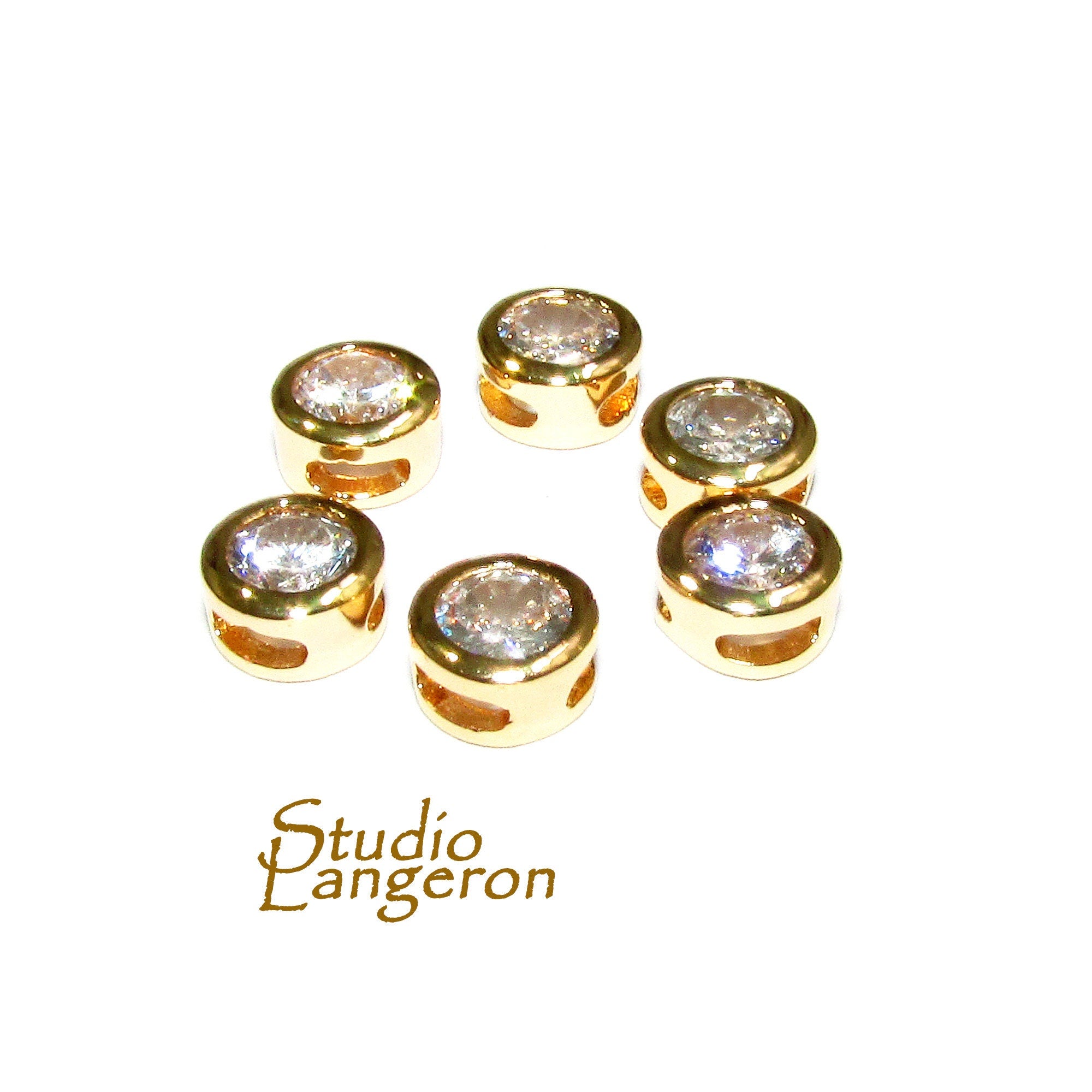 14K yellow gold filled decorative round beads with white topaz size 5.4x3.2 mm, Jewelry making, Gold filled beads, white topaz - 1 piece