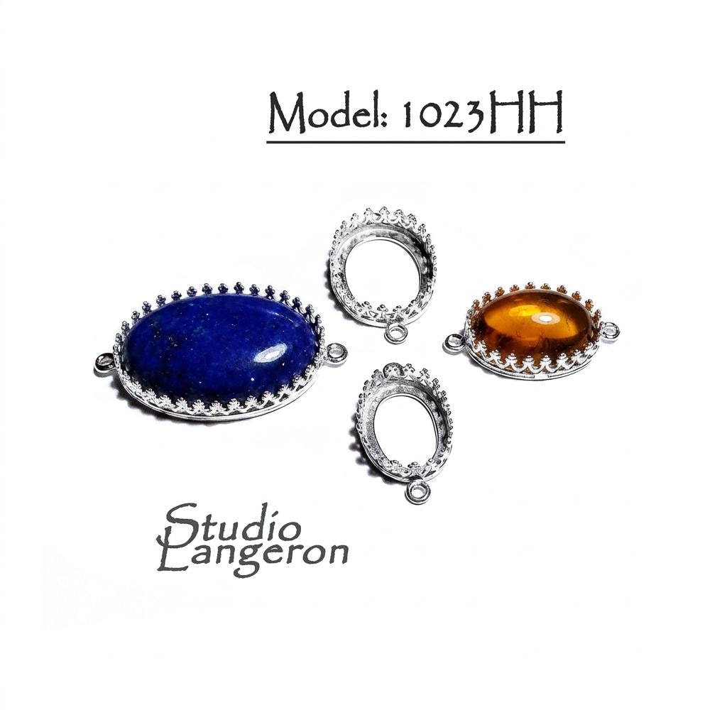 925 Sterling Silver Oval Bezel Cups with 2 closed rings, sizes 6x8-18x25mm, Setting, Jewelry making, Bracelet, Connector - 1 piece