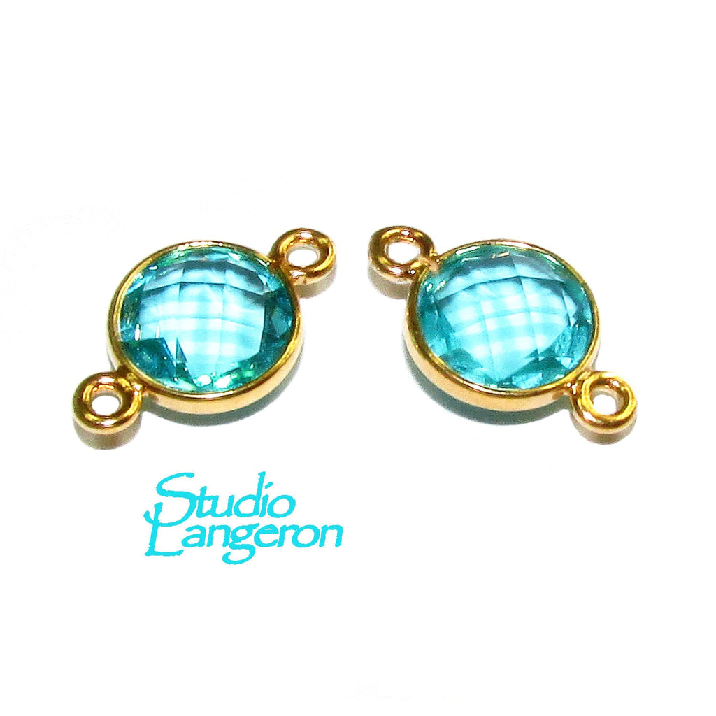 14K Gold Filled Checkerboard Blue tourmaline Round Link Connector size 15x9 mm, Blue tourmaline link, Jewelry making, Connector - 1 piece