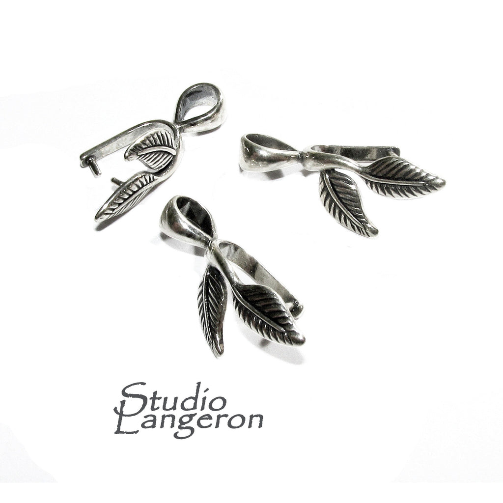925 Sterling silver Leaf Double Pinch Large Pendant Bail with Ring, Silver Bail, Bail findings, Jewelry making, bail for pendant - 1 piece