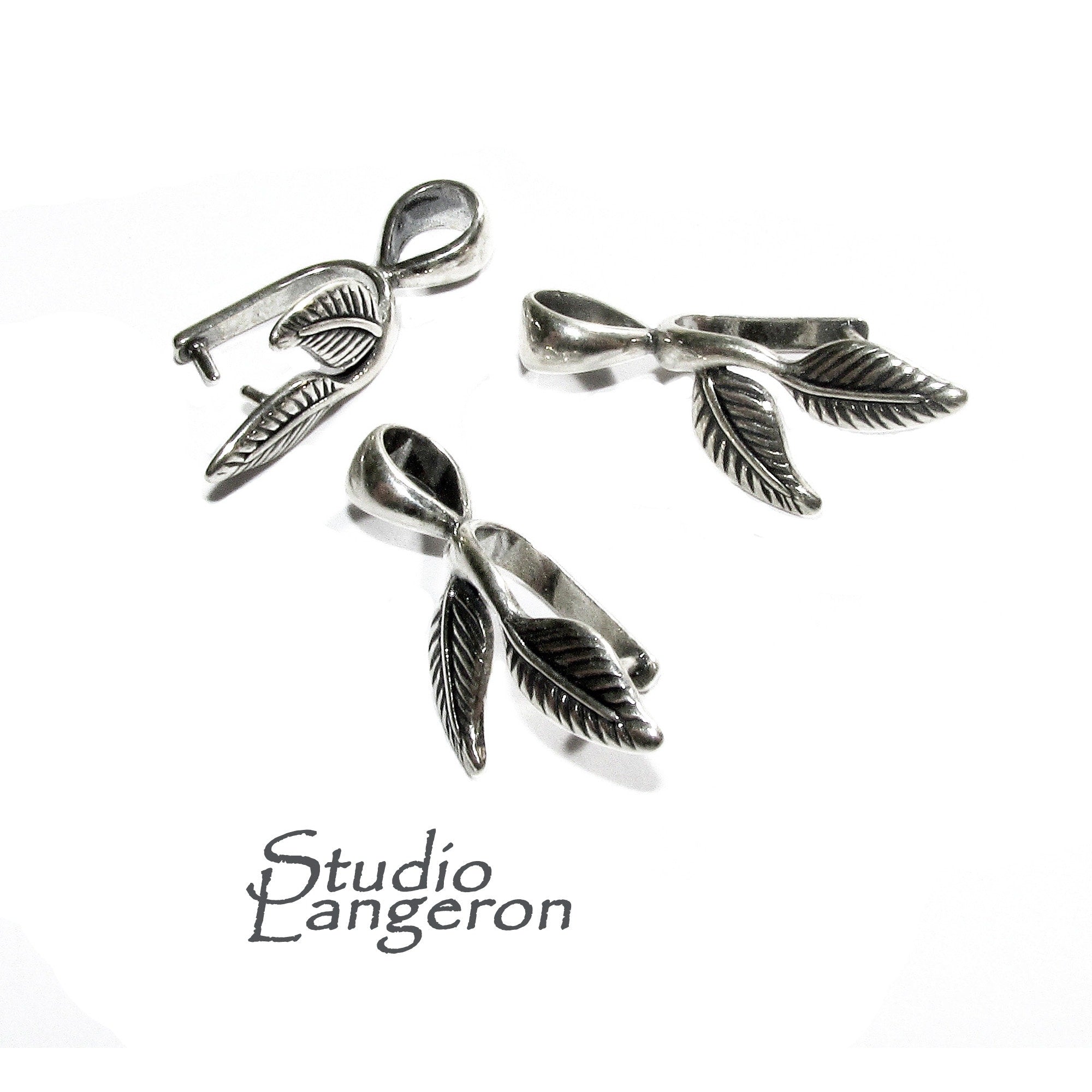 925 Sterling silver Leaf Double Pinch Large Pendant Bail with Ring, Silver Bail, Bail findings, Jewelry making, bail for pendant - 1 piece
