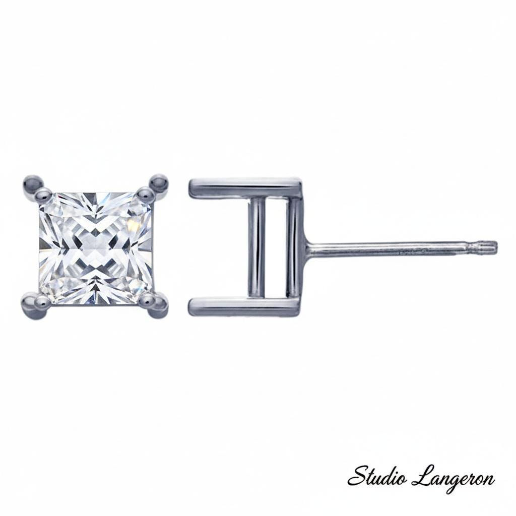 925 Sterling Silver blank earrings with 4-Prong square Setting, Earring Post, Jewelry making, Setting - 1 pair (2 piece)