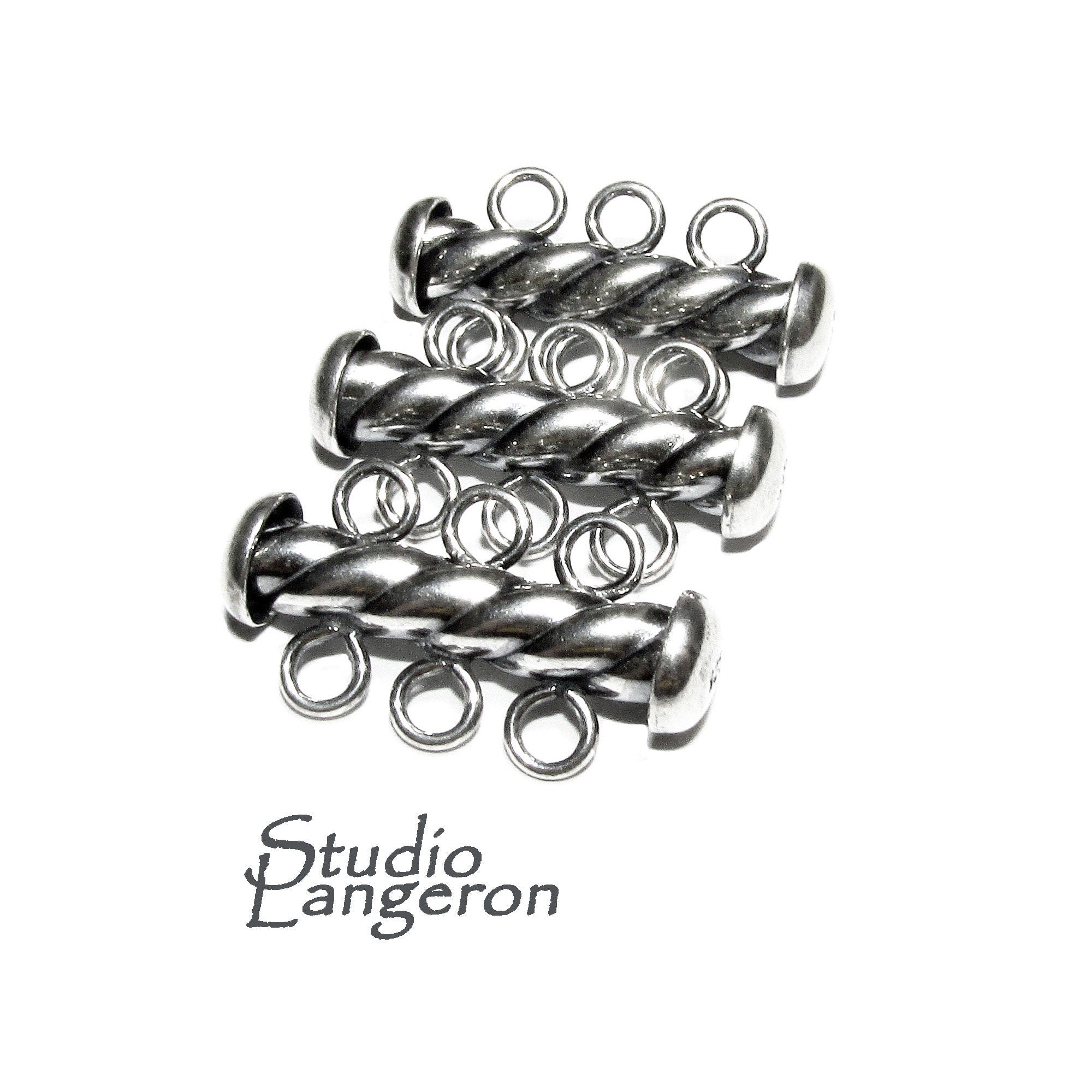 925 Sterling Silver Oxidized Twisted Tube Bar Clasp 3-Hole size 4.3x22 mm, Silver Clasps, Slide Clasps, Jewelry making, Tube clasp - 1 piece