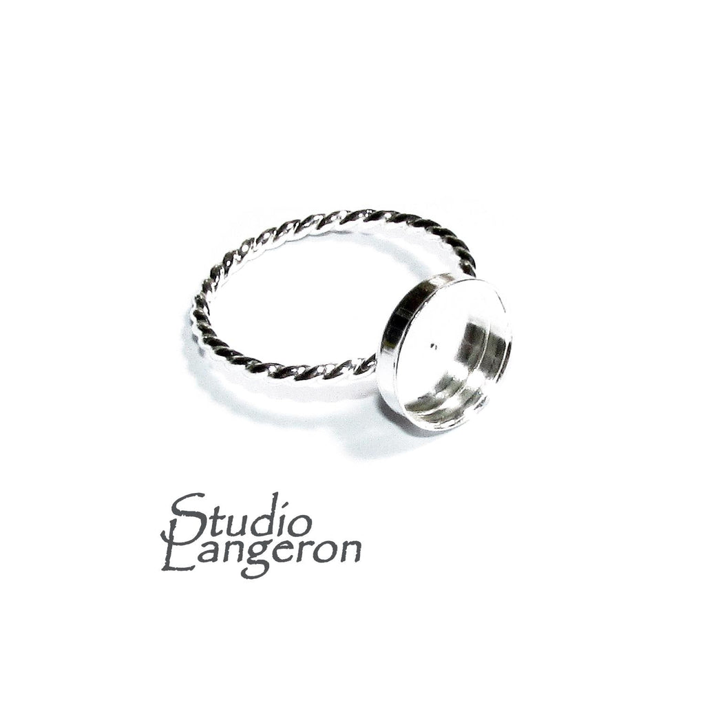 925 sterling silver twisted blank ring with bezel cup 10 mm size 4, 5, 6, 7, 8, 9, 10, 11, bezel cup, base ring, Jewelry making - 1 piece