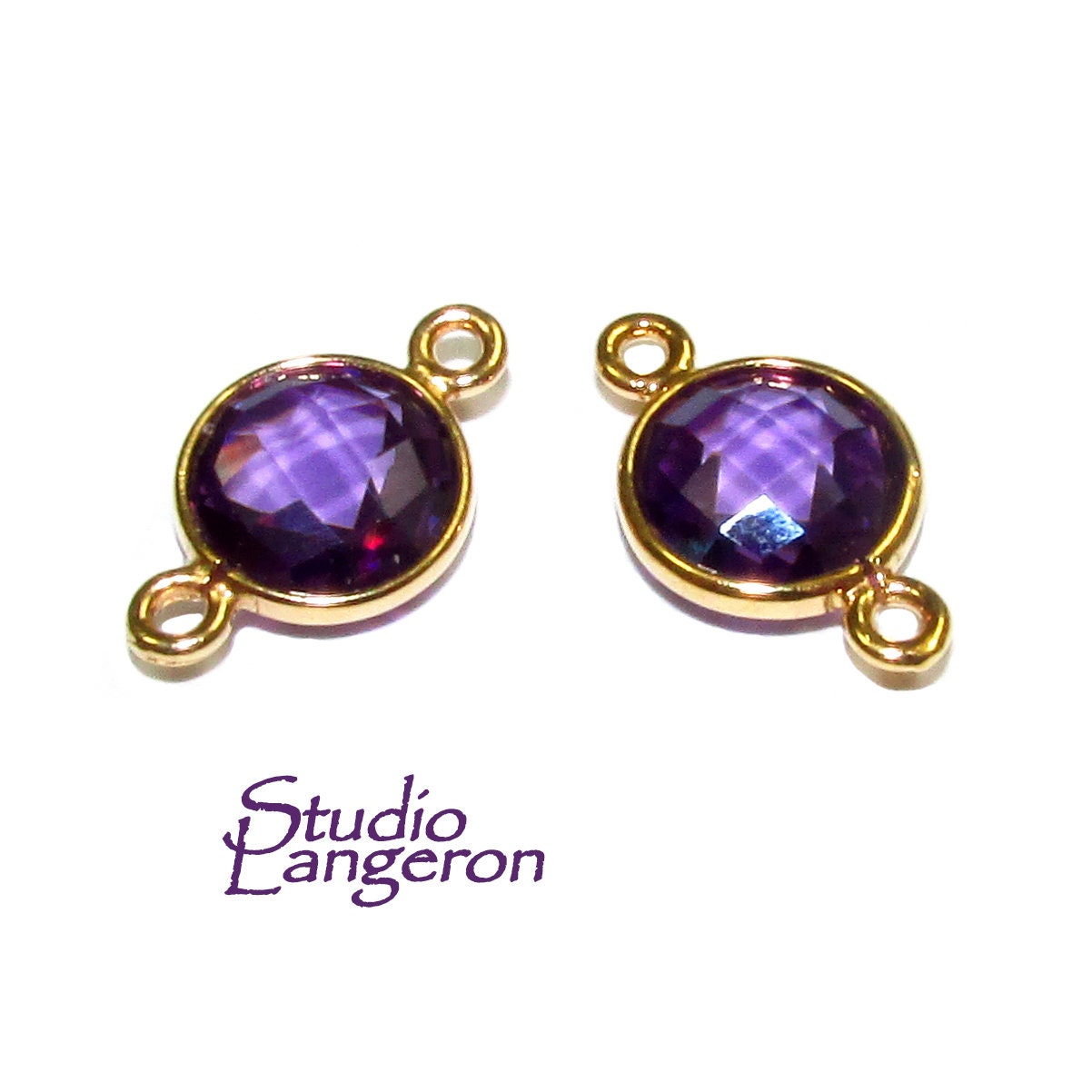 14K Gold Filled Checkerboard Amethyst Round Link Connector size 15x9 mm, Amethyst gold filled link, Jewelry making, Link connector - 1 piece