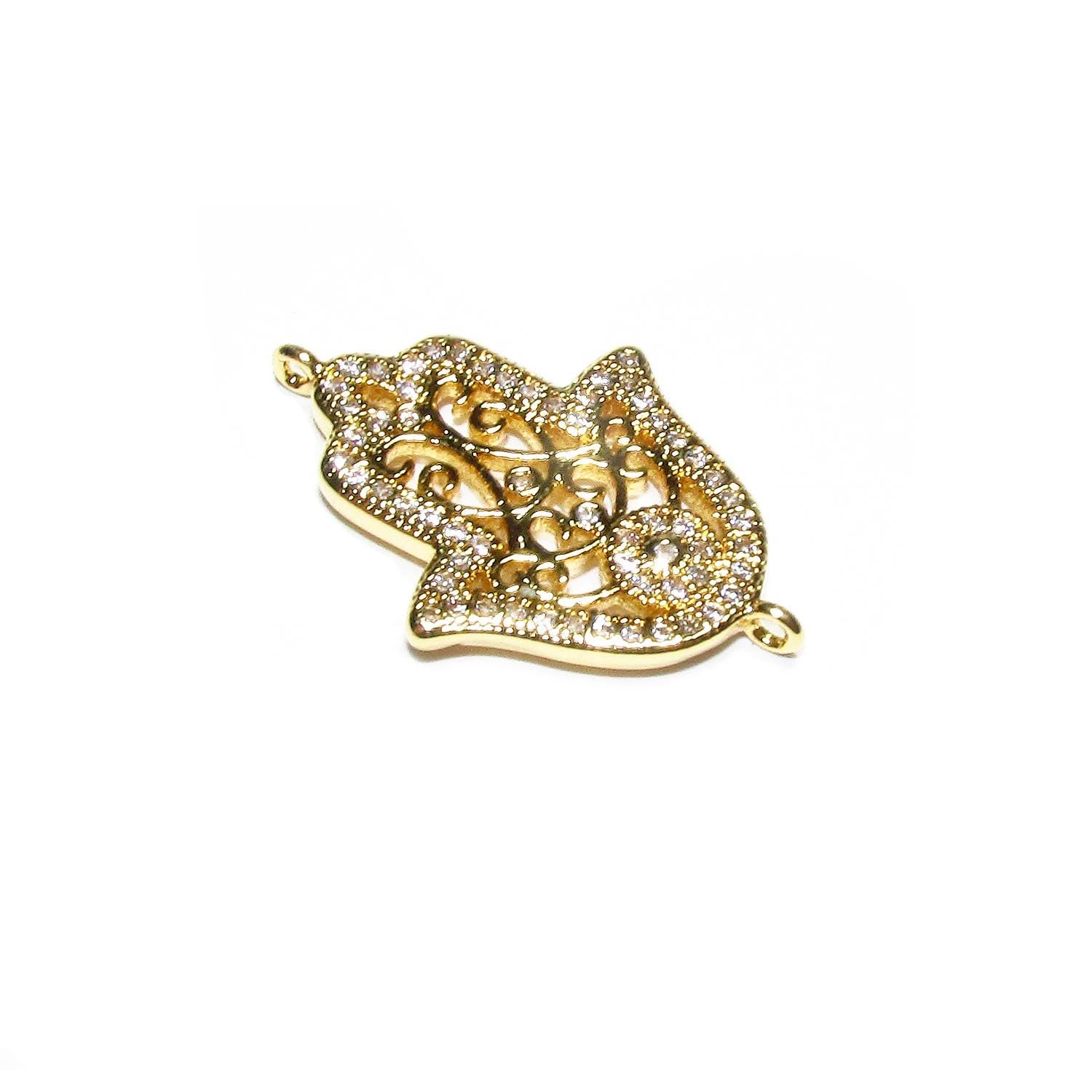 14K Gold filled large connector hamsa with crystals size 21x17 mm, gold filled link, Jewelry making, Jewelry link connector hamsa - 1 piece