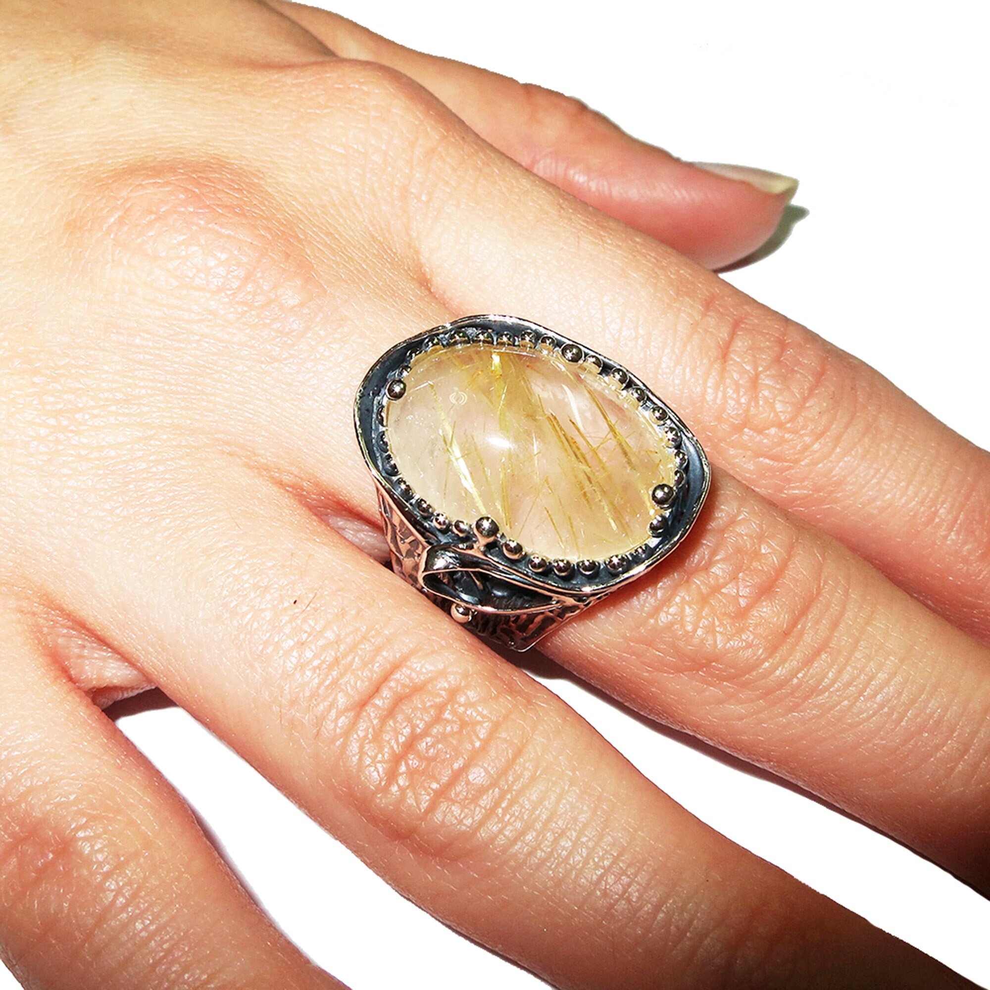 Statement Rutile quartz ring 925 sterling silver size 8 1/2, single copy, Silver ring, natural Rutile quartz, Statement ring, Handmade ring