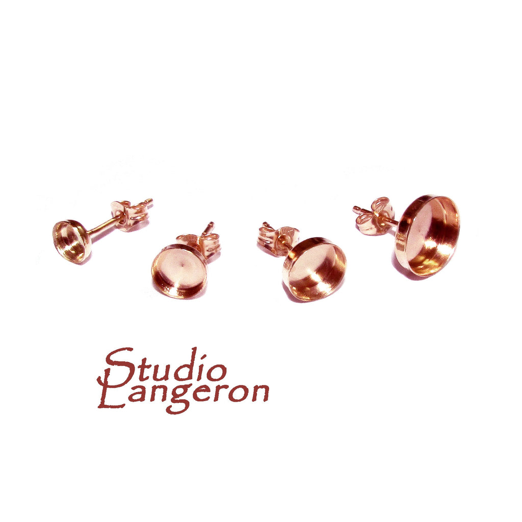 14K Solid Rose Gold Earrings Post With bezel cup size 3, 4, 5, 6, 8, 10 mm, Jewelry making, Bezel cups, Blank earrings - 1 pair (2 pieces)