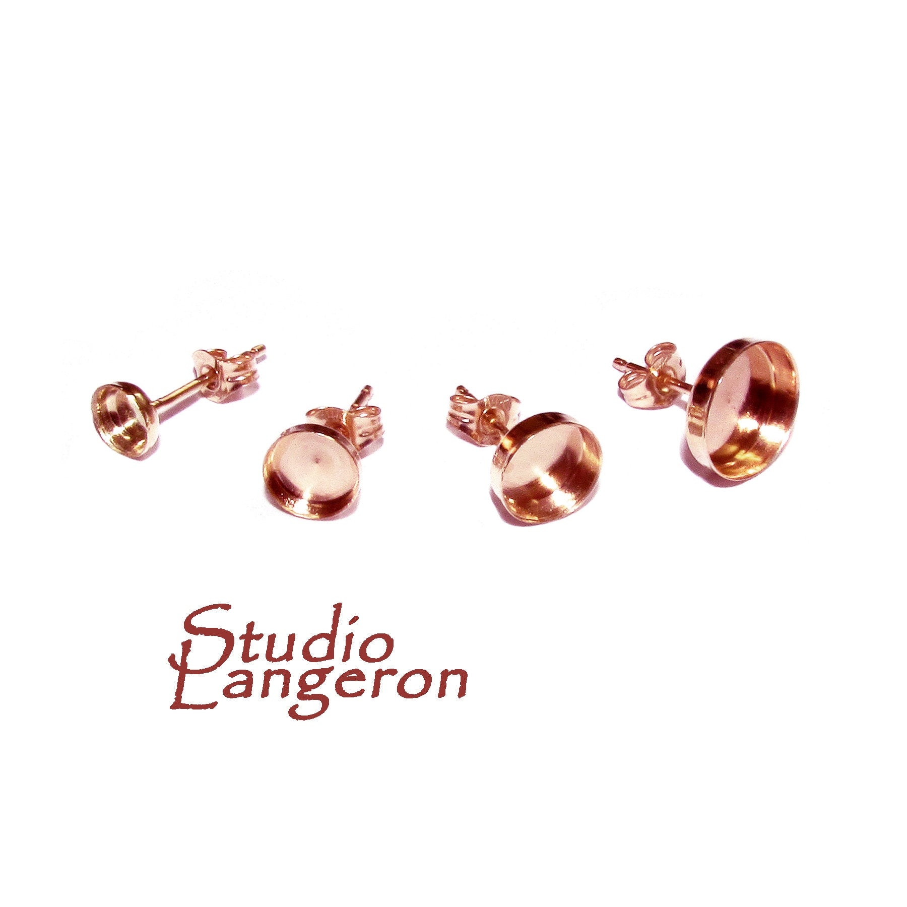 14K Solid Rose Gold Earrings Post With bezel cup size 3, 4, 5, 6, 8, 10 mm, Jewelry making, Bezel cups, Blank earrings - 1 pair (2 pieces)