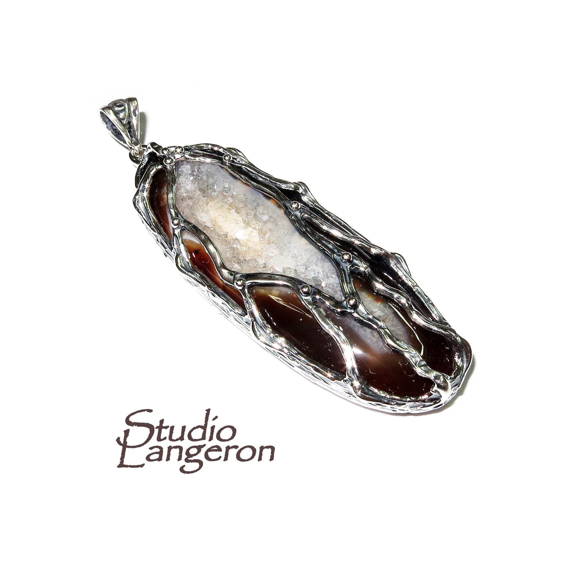 Druze agate brown pendant 925 sterling silver size 5.7x2.6 cm, handmade pendant, single copy, Druse Agate, Silver pendant, Brown, Gemstone