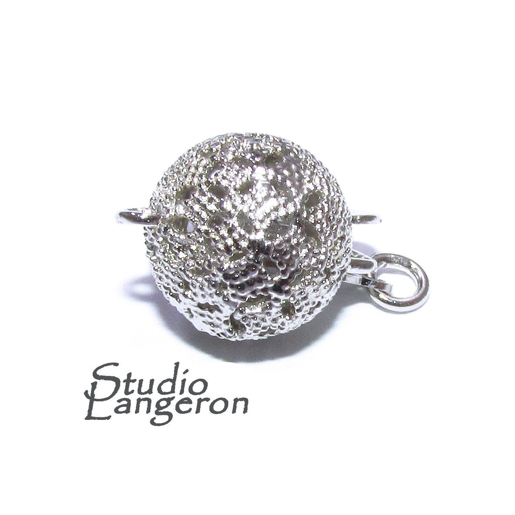 925 Sterling Silver Rhodium-Plated Round Filigree Safety Clasp size 10 mm, Silver bead clasp, Jewelry making, 925 Sterling silver - 1 piece