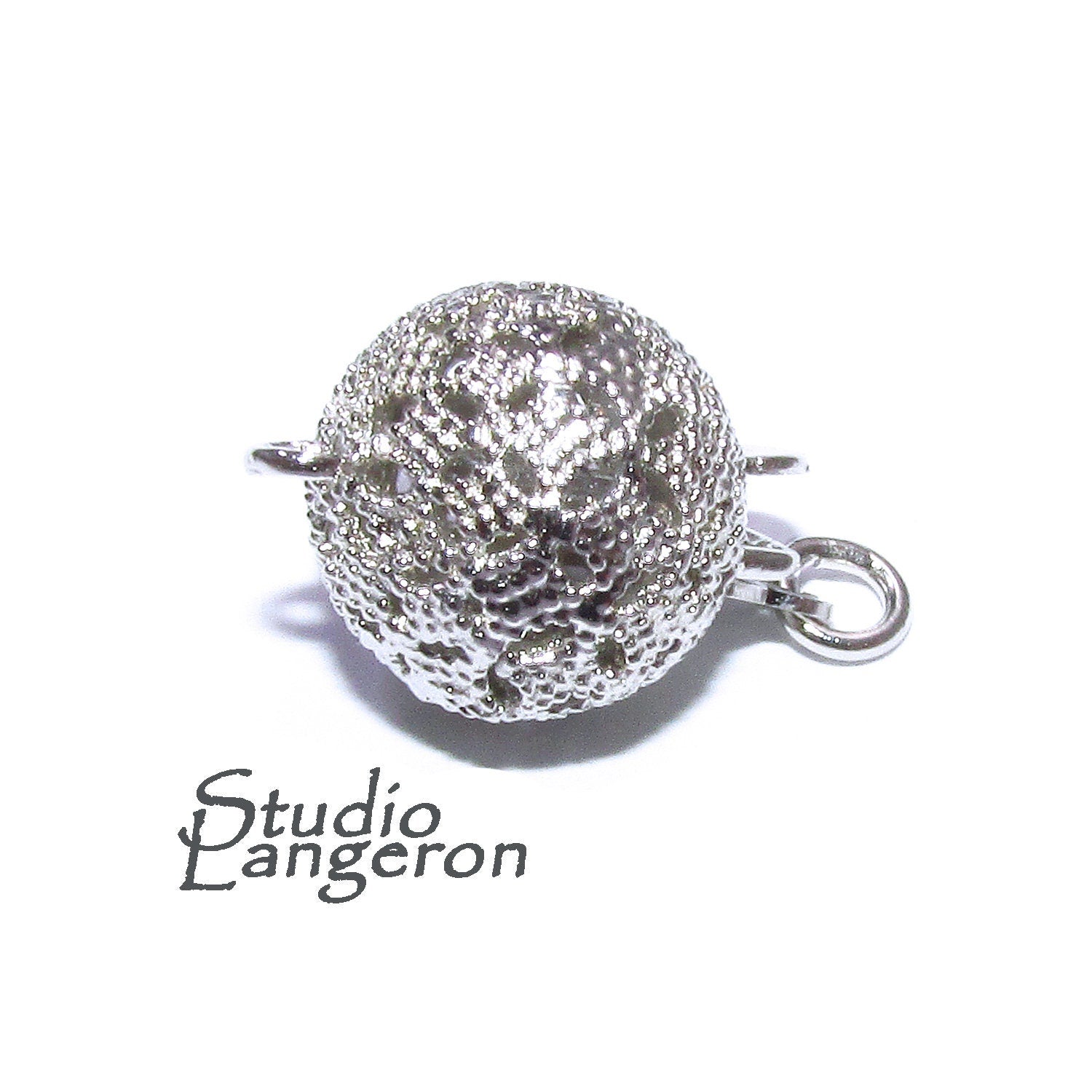 925 Sterling Silver Rhodium-Plated Round Filigree Safety Clasp size 10 mm, Silver bead clasp, Jewelry making, 925 Sterling silver - 1 piece