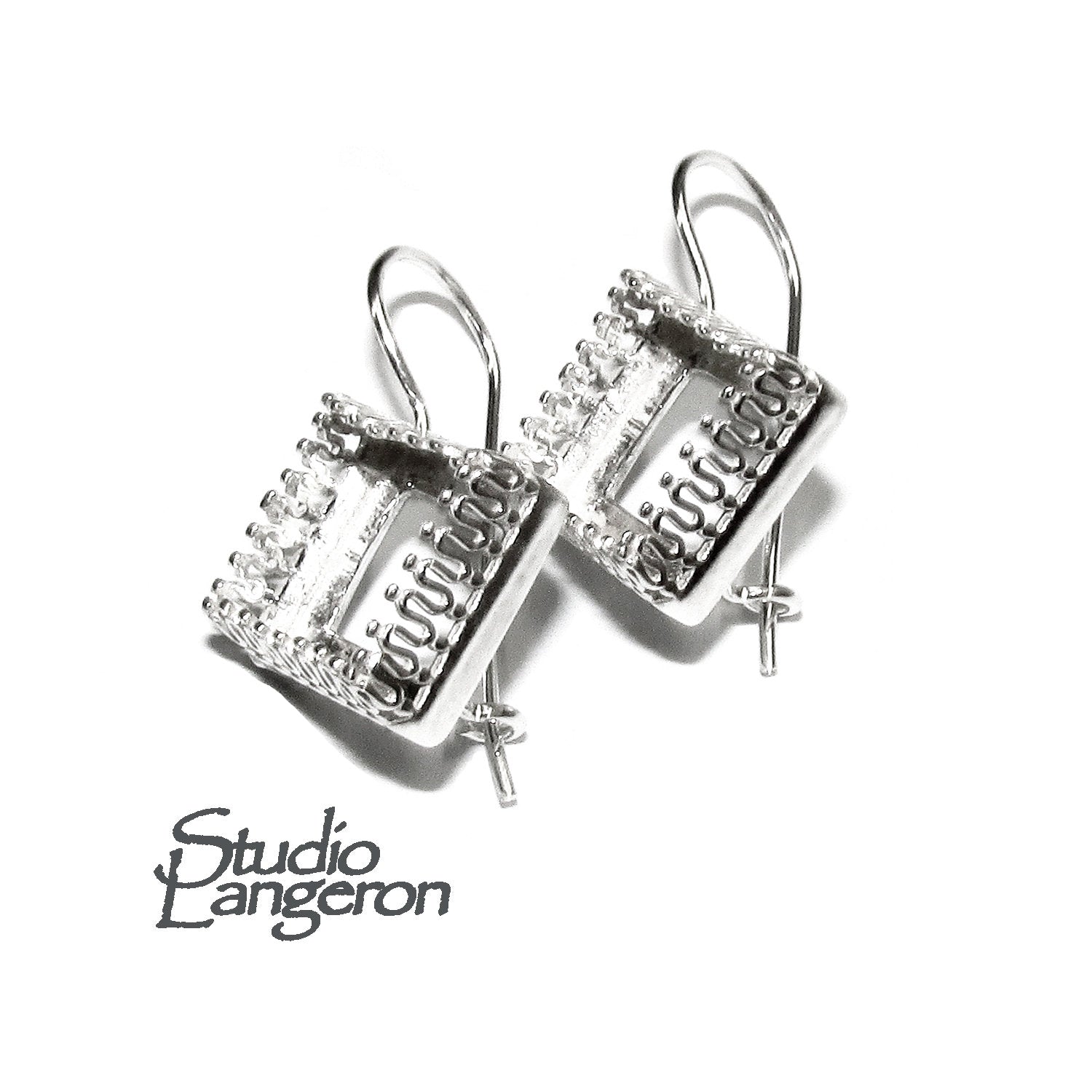 10 mm 925 sterling silver blank earrings with square setting bezel cup, base earrings, Jewelry making, Setting, Mounting - 1 pair (2 piece)
