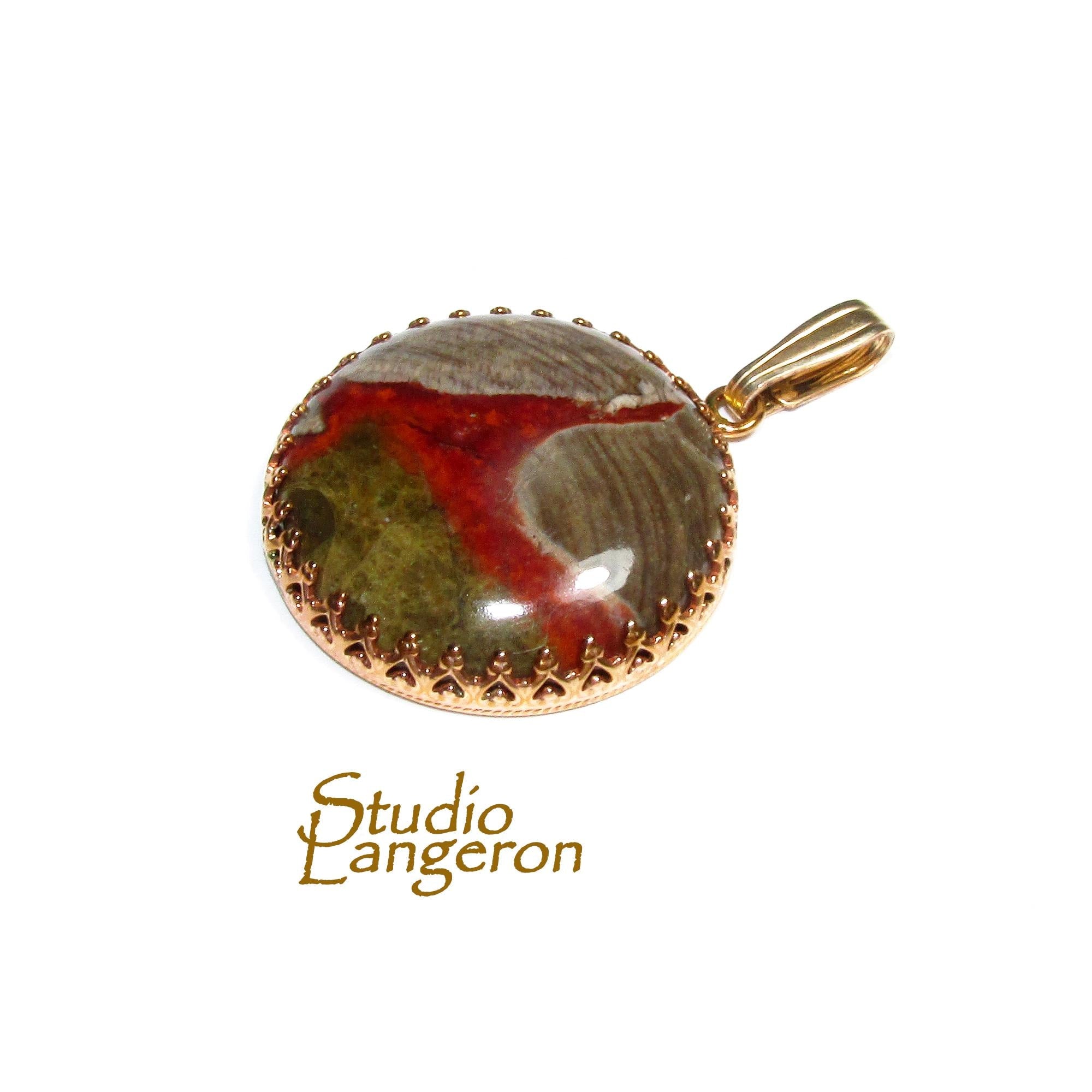 Unakite pendant 14K Yellow gold filled size 2.4 cm, Handmade pendant, single copy, Natural unakite, Handmade pendant gold filled