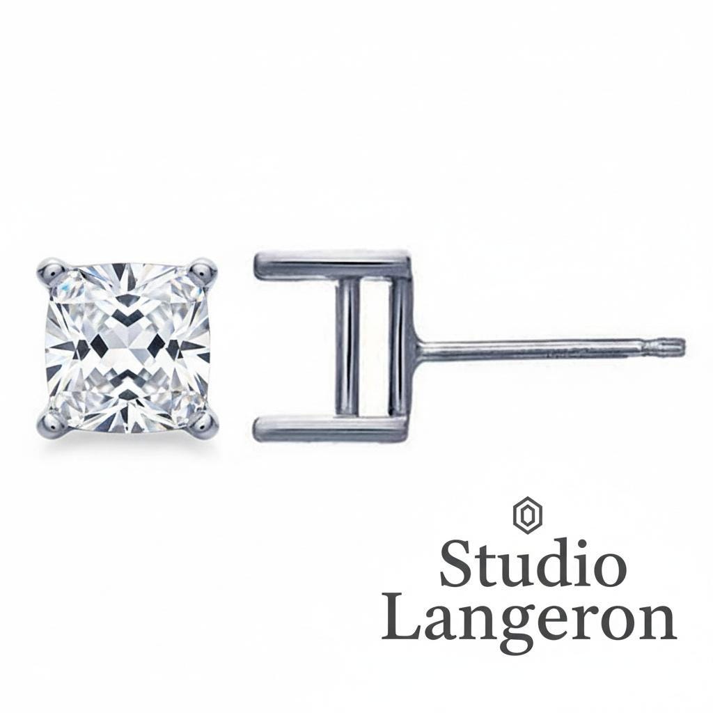 925 Sterling Silver blank earrings with 4-Prong square Setting, Earring Post, Jewelry making, Setting - 1 pair (2 piece)
