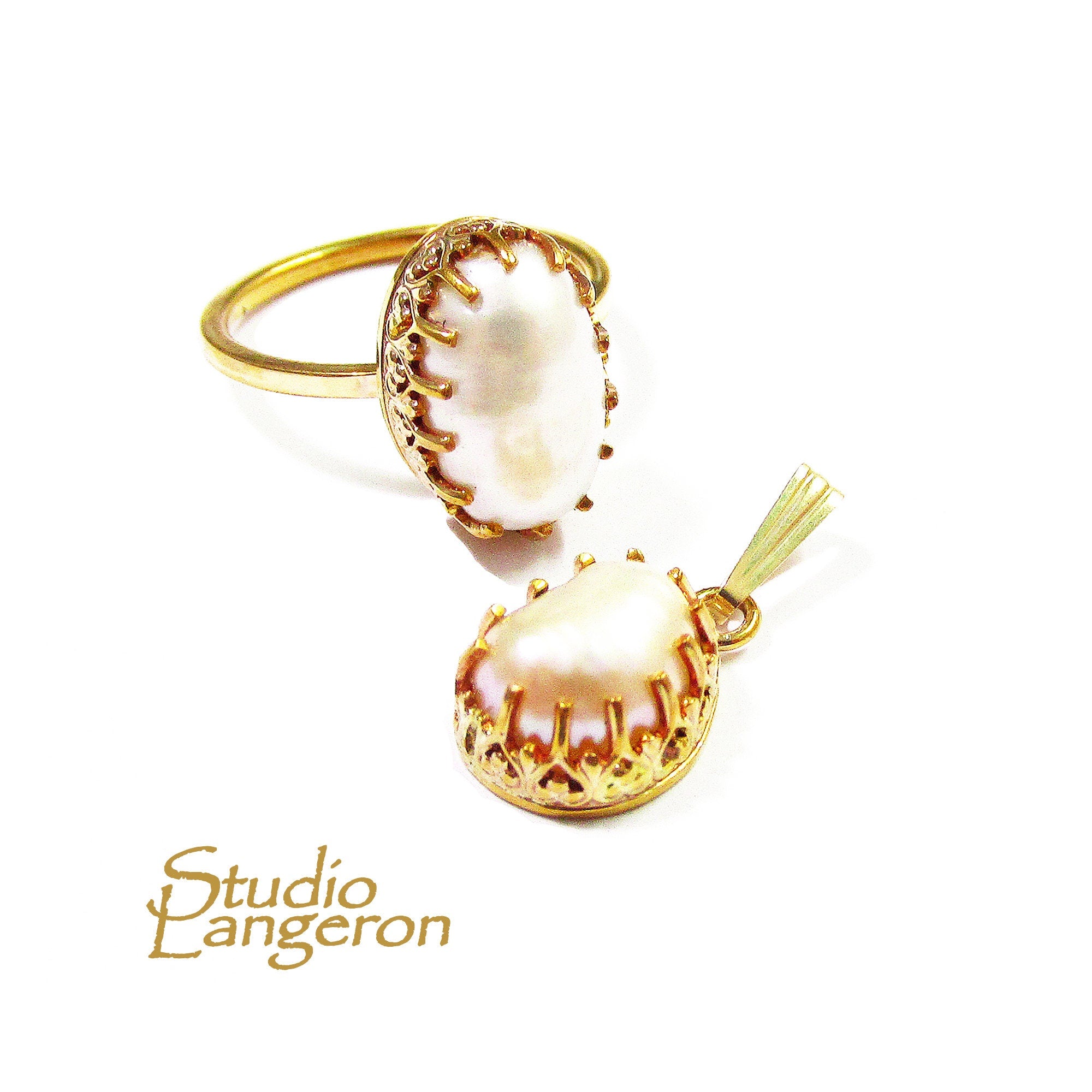 14K Gold Filled handmade set ring size 7 and pendant with baroque pearls, Gold filled ring, single copy, baroque pearls, gold filled ring