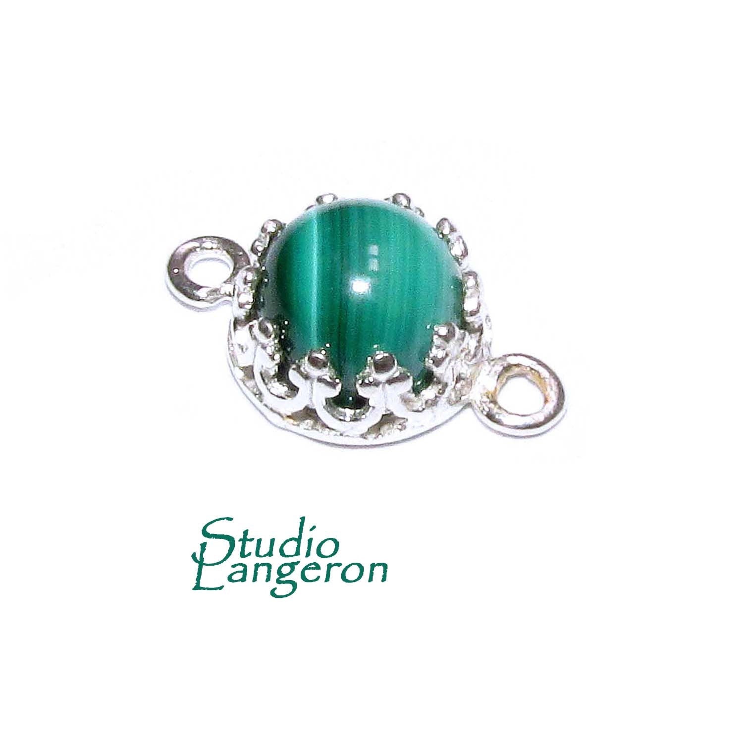 925 Sterling Silver natural Malachite round Link Connector size 14x7 mm, Natural Malachite silver link, Jewelry making, Connector - 1 piece