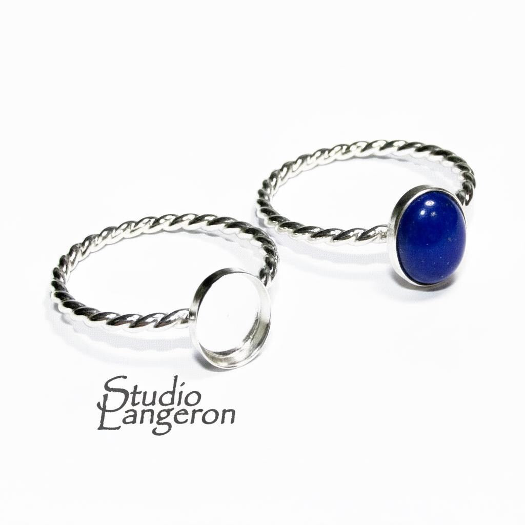 925 sterling silver twisted blank ring with bezel cup 6x8 mm size 4, 5, 6, 7, 8, 9, 10, 11, bezel cup, base ring, Jewelry making - 1 piece