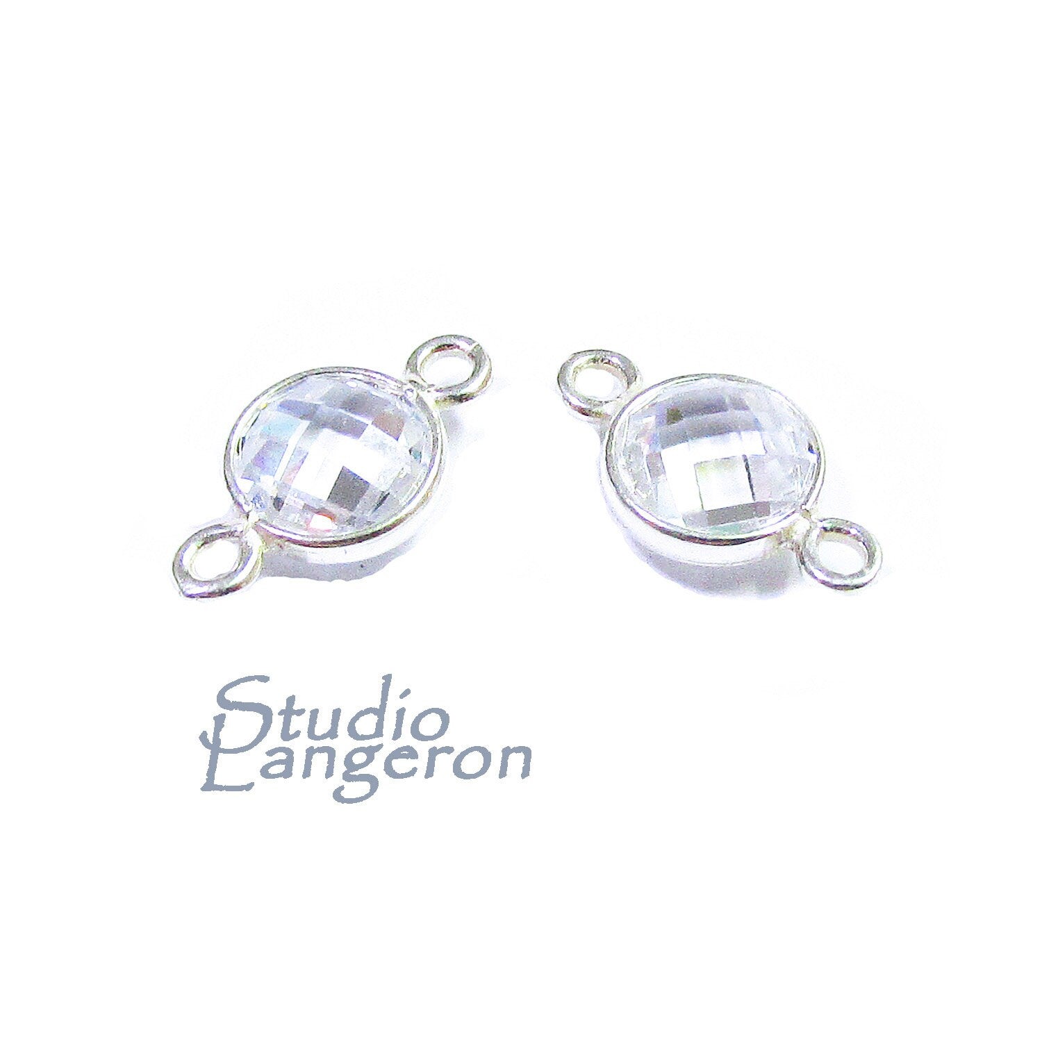 925 Sterling Silver Checkerboard white topaz Round Link Connector size 15x9 mm, white topaz link connector, Jewelry making - 1 piece