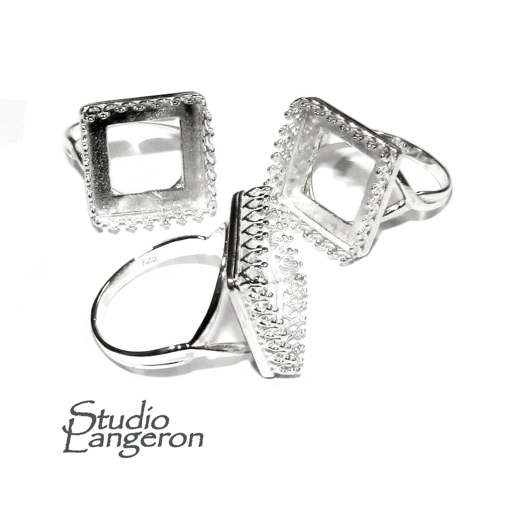 14x14mm 925 sterling silver blank ring with square bezel cup size 5, 6, 7, 8, 9, silver ring, base ring, jewelry making, bezel cup - 1 piece