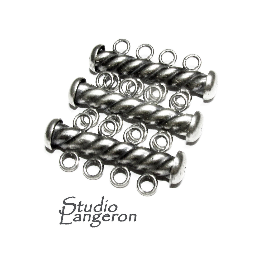 925 Sterling Silver Oxidized Twisted Tube Bar Clasp 4-Hole size 4.3x26 mm, Silver Clasps, Slide Clasps, Jewelry making, Tube clasp - 1 piece