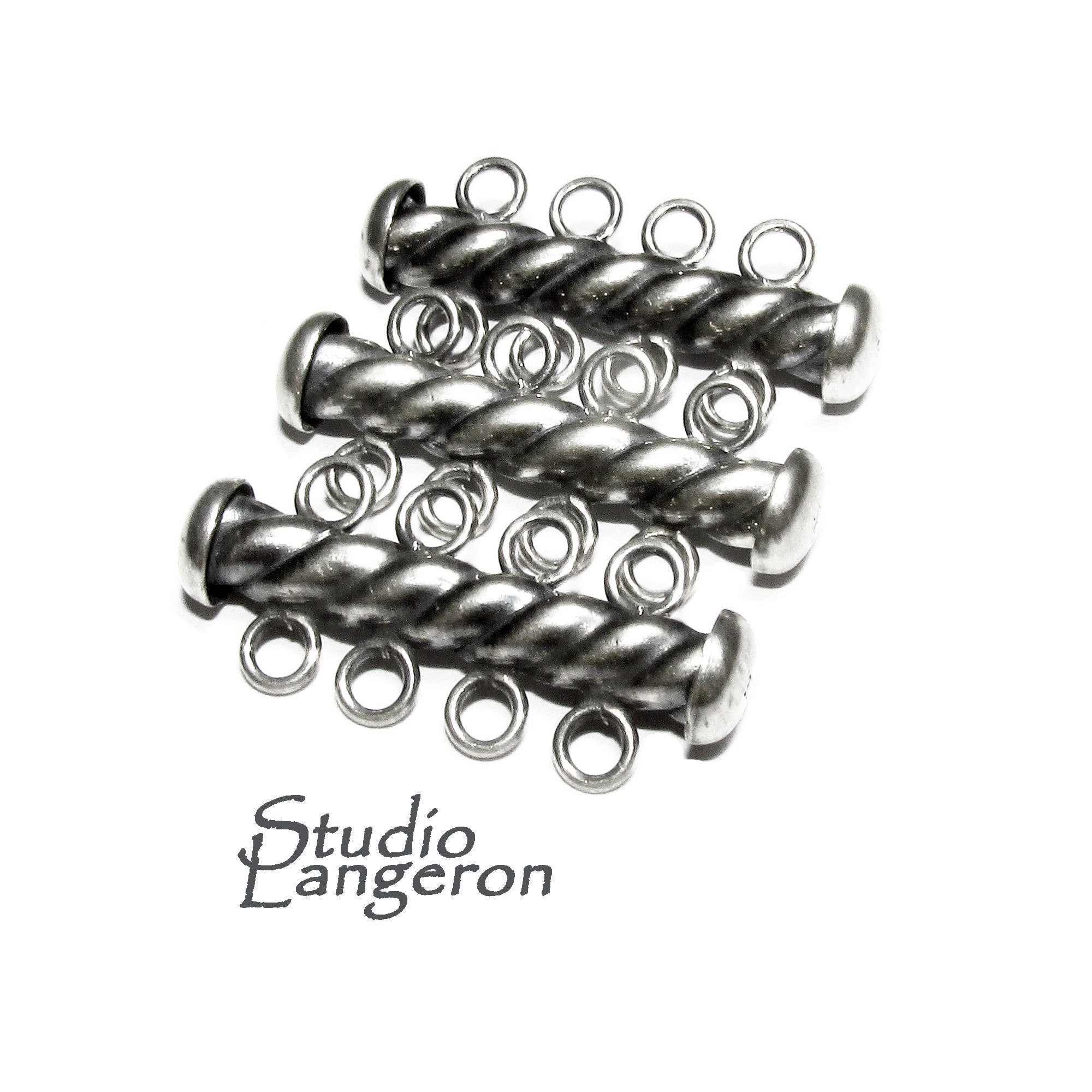 925 Sterling Silver Oxidized Twisted Tube Bar Clasp 4-Hole size 4.3x26 mm, Silver Clasps, Slide Clasps, Jewelry making, Tube clasp - 1 piece