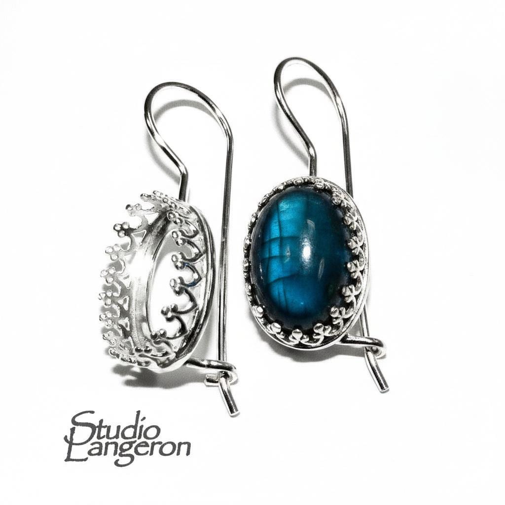 925 sterling silver blank earrings with oval bezel cup size 6x8-13x18 mm, model 1023, Jewelry making, Setting, bezel cup - 1 pair (2 pieces)