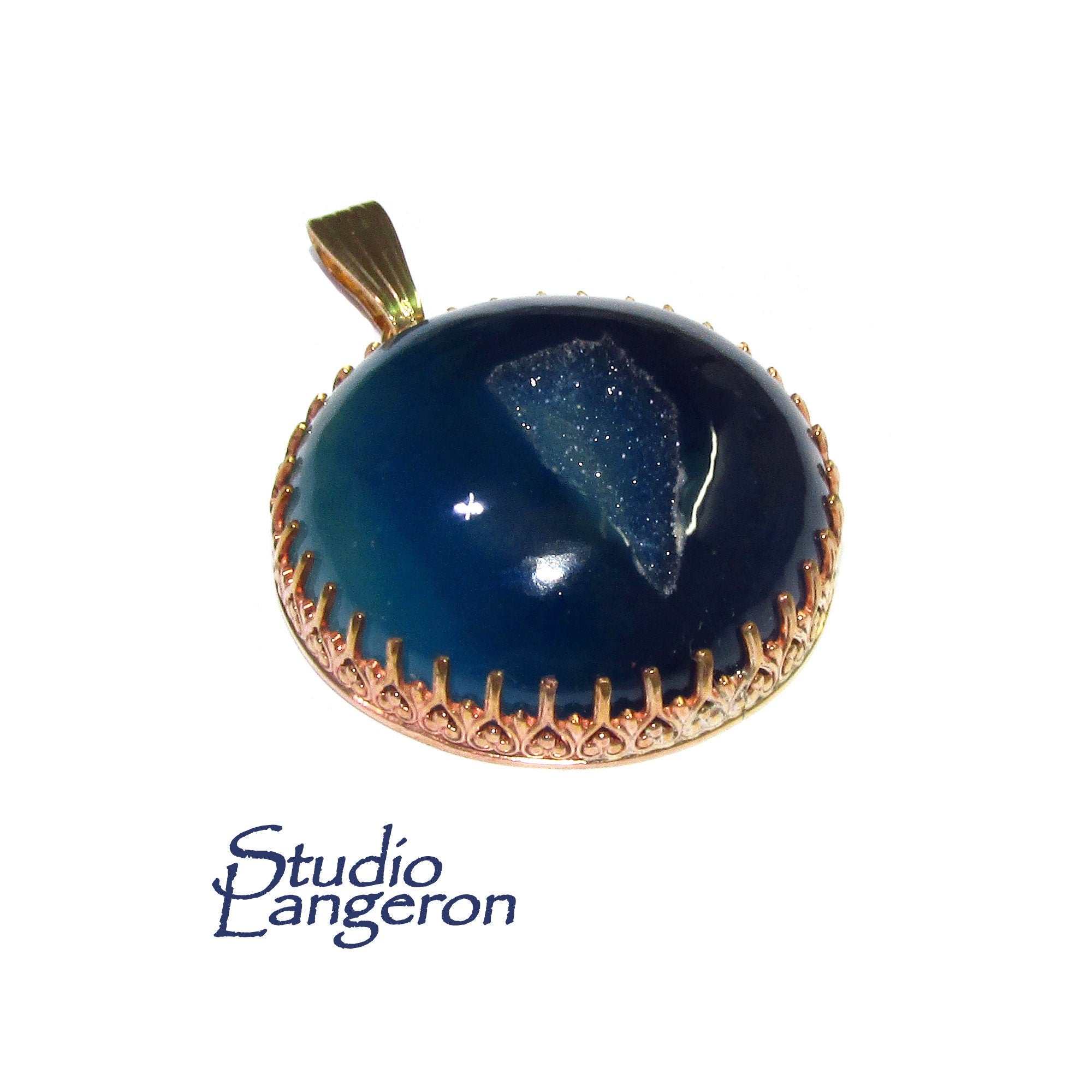 Druze agate blue pendant 14K Yellow gold filled size 3.0 cm, Handmade pendant, single copy, Natural Agate blue, Handmade pendant gold filled